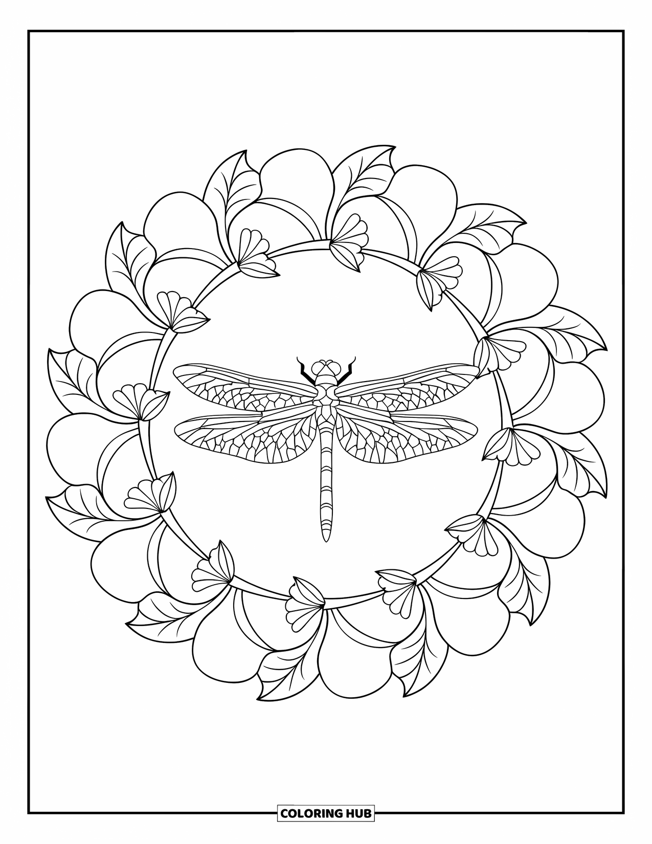 Dragonfly Coloring Page for Adults: A dragonfly is centered in a round floral mandala on a clean white background