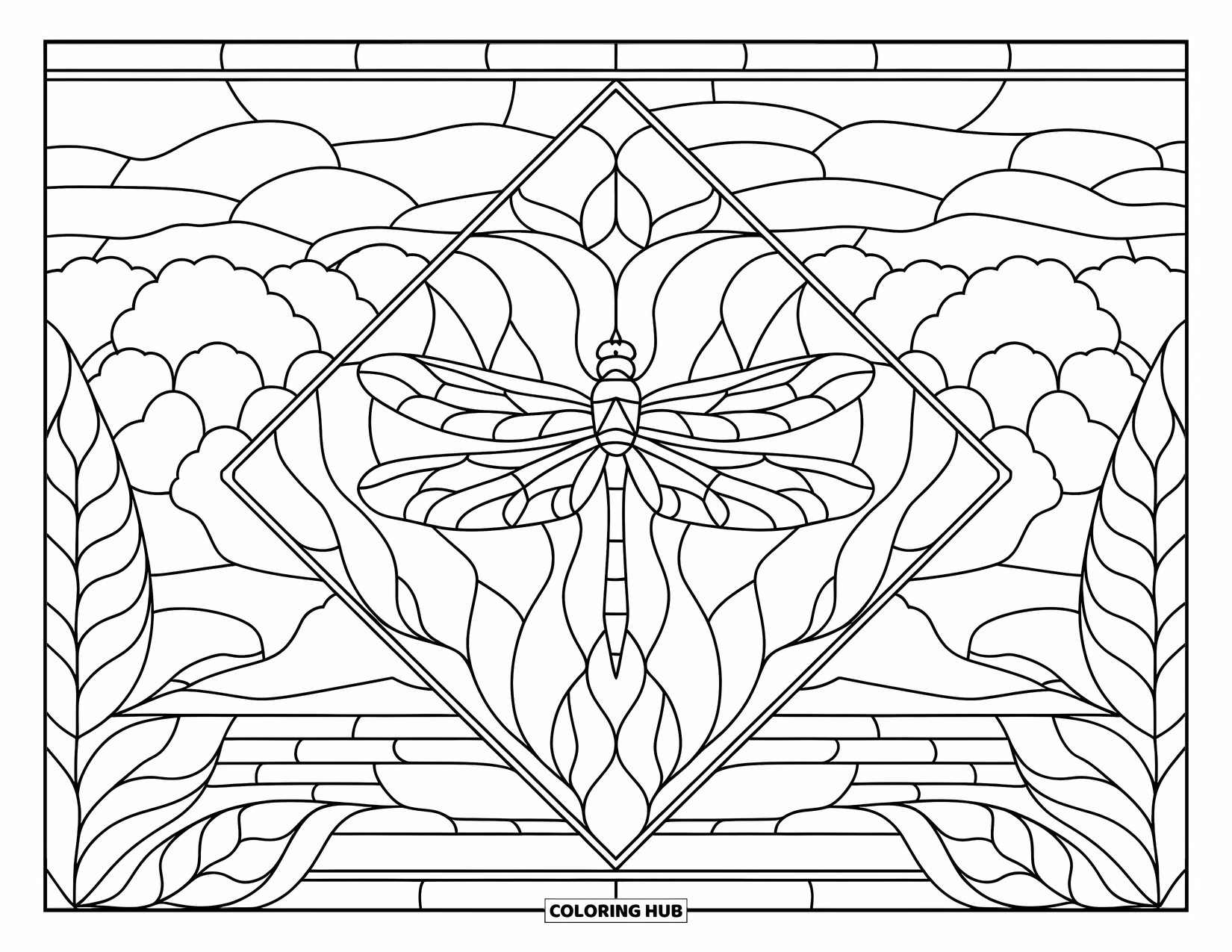 Dragonfly Coloring Page for Adults: A dragonfly on a leaf is framed by plants, with mountains and water in the background