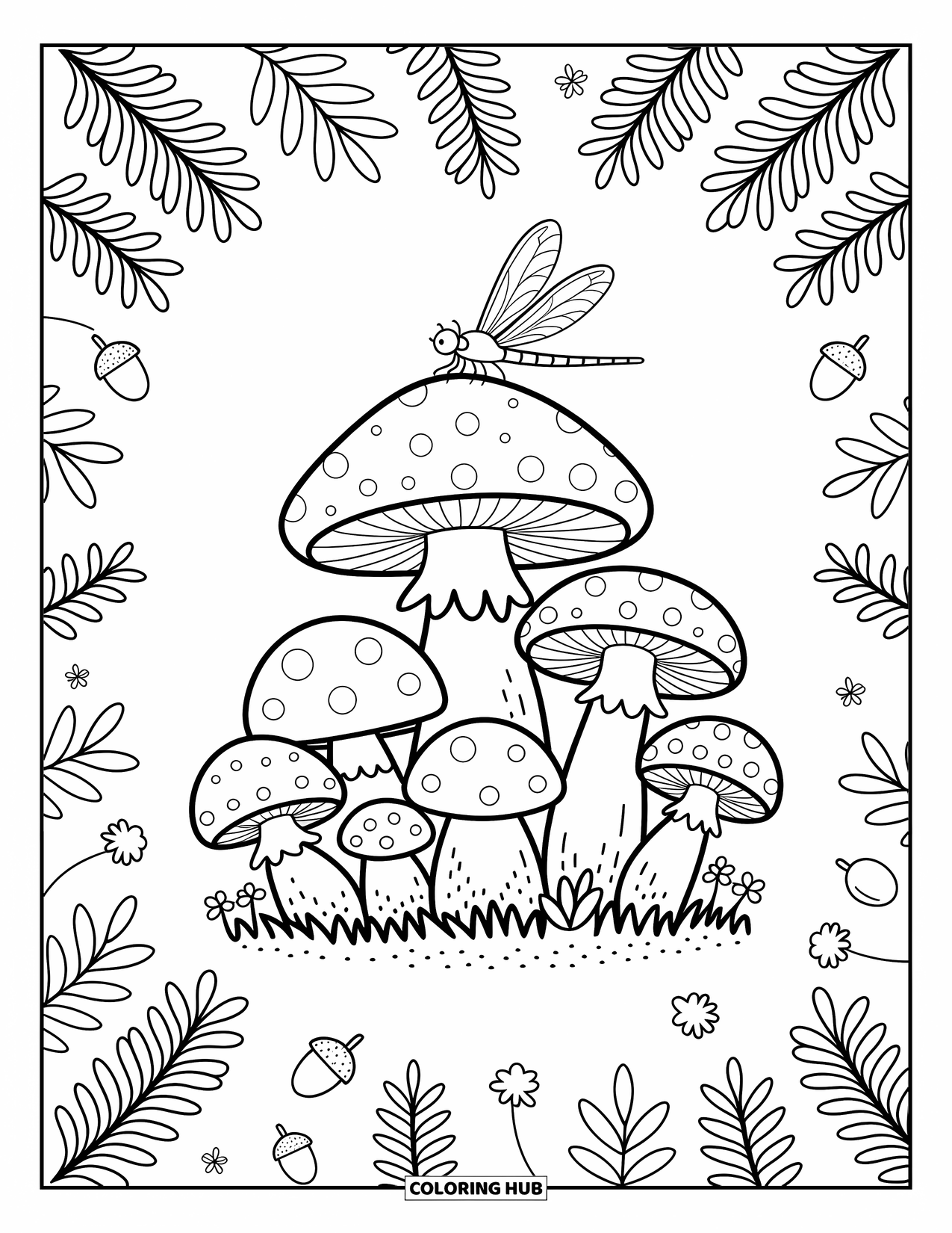 Dragonfly Coloring Page for Adults: A dragonfly perches on a mushroom in a quiet forest filled with bugs and ferns