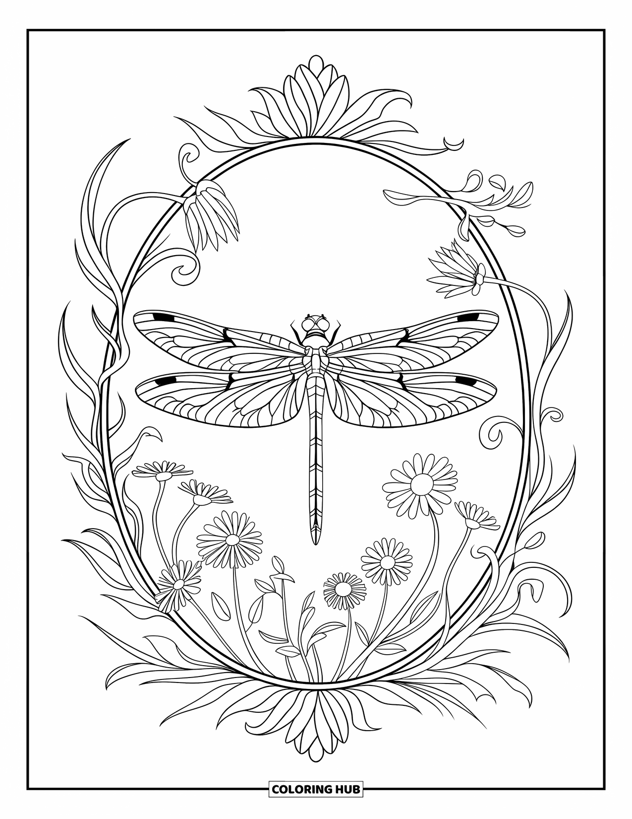 Dragonfly Coloring Page for Adults: A dragonfly rests in an ornate oval surrounded by wildflowers and curling vines