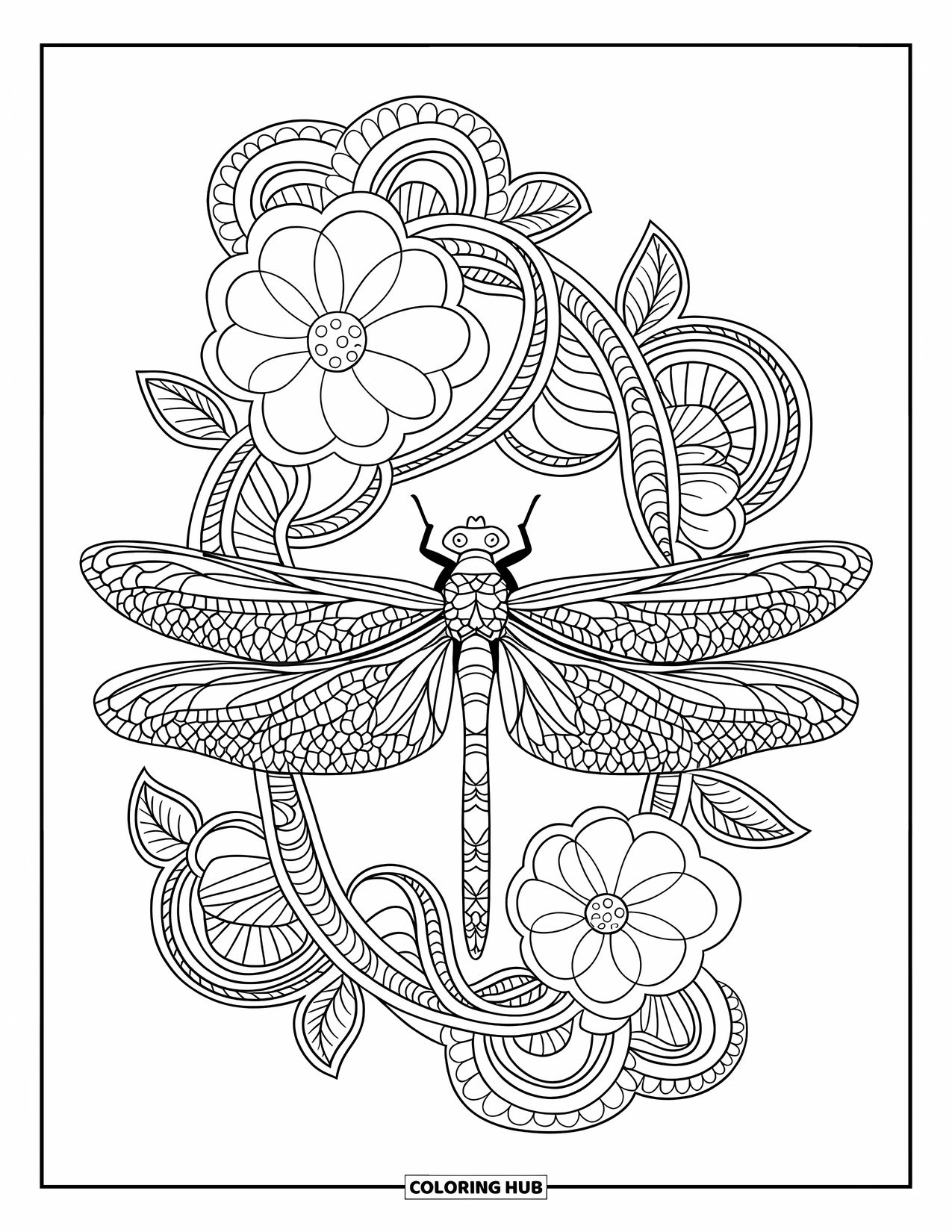 Dragonfly Coloring Page for Adults: A dragonfly with detailed wings rests in mandala vines and bold flower layers