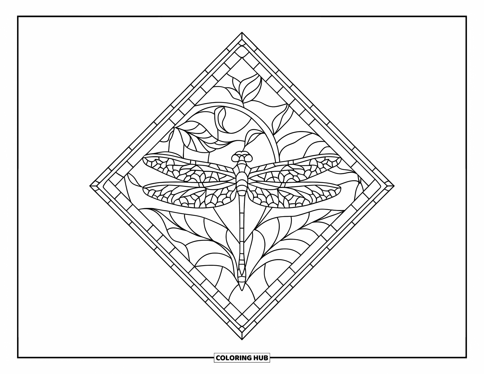 Dragonfly Coloring Page for Adults: A dragonfly with open wings sits on a leaf inside a diamond frame with a border