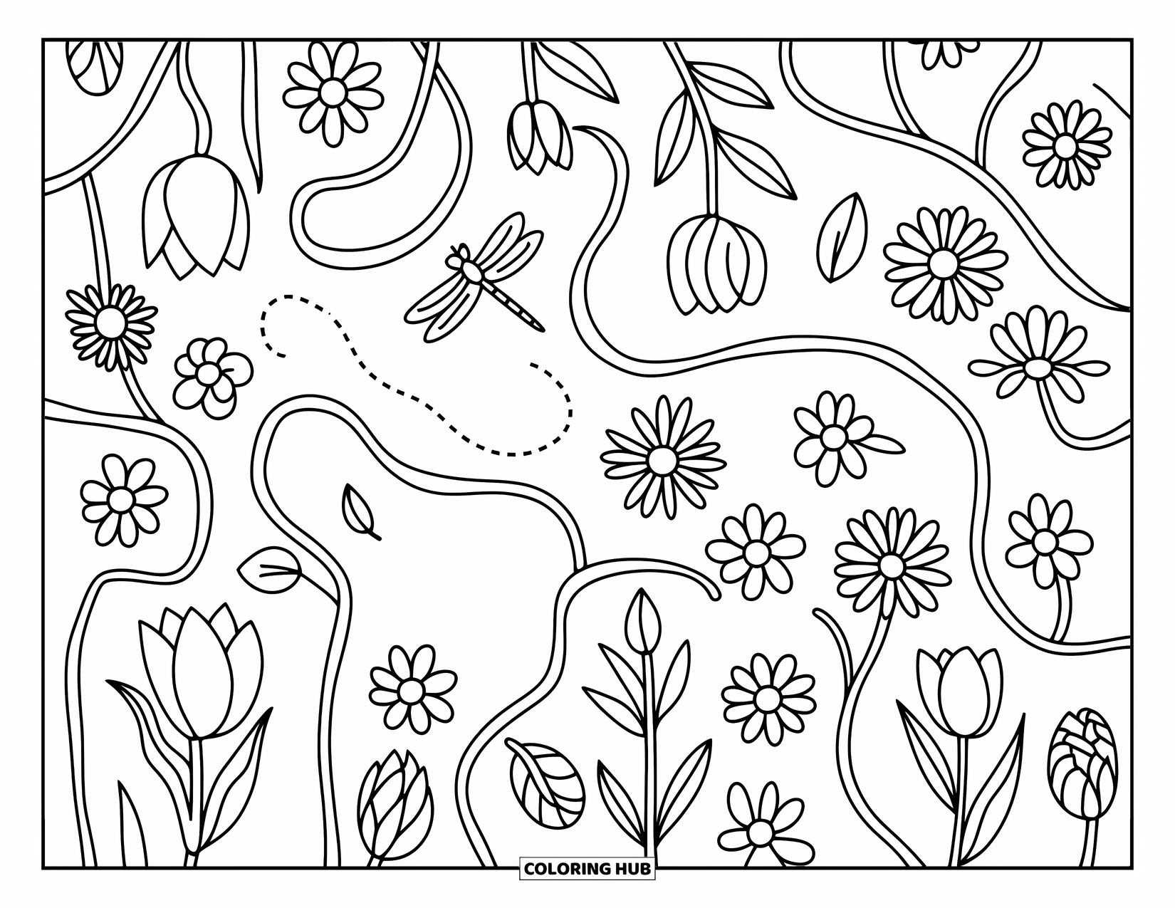 Dragonfly Coloring Page for Adults: A winding flower maze made of tulips and roses with a shy hedgehog and snail
