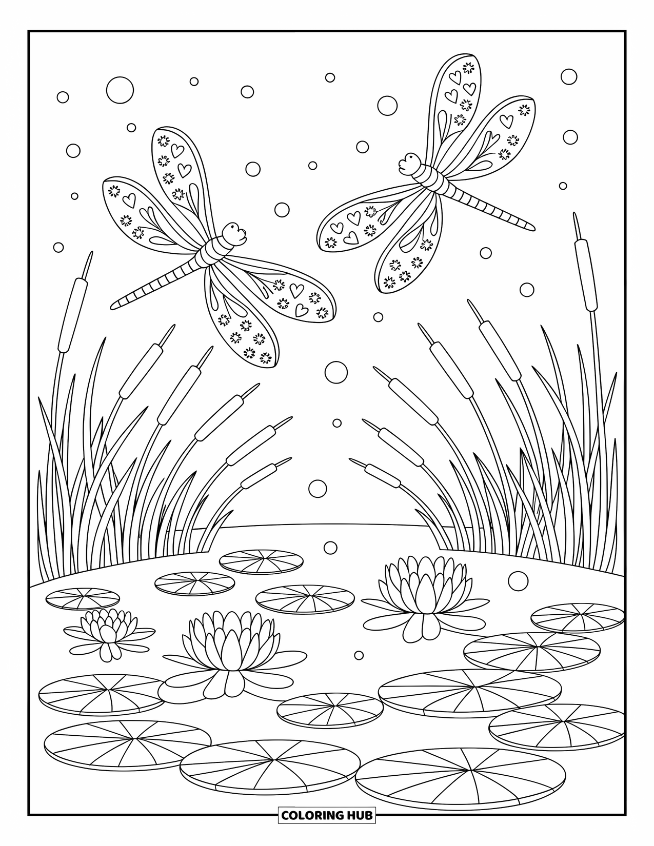 Dragonfly Coloring Page for Adults: Lily pads float as bubbles rise and dragonflies hover with heart-filled wings