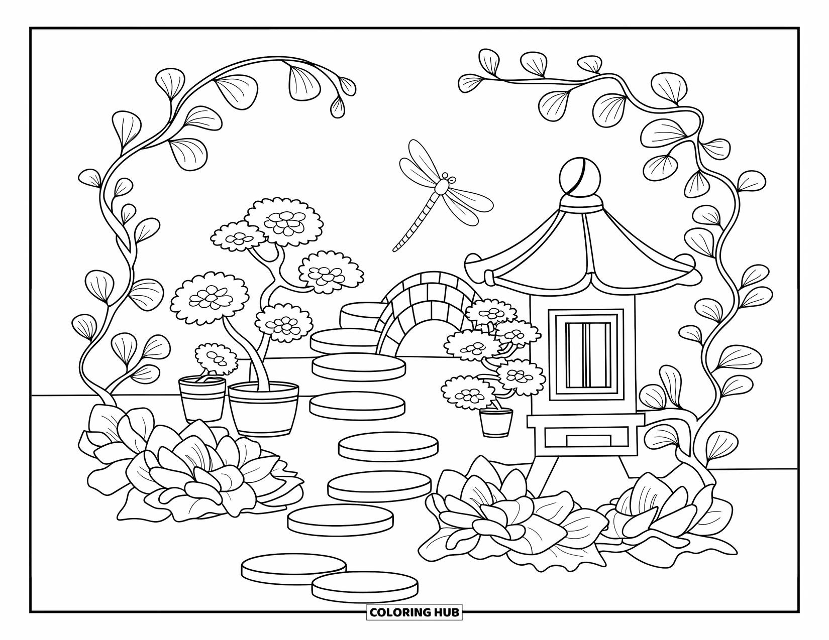 Dragonfly Coloring Page for Adults: Stepping stones wind through a peaceful garden with bonsai trees and a gentle arched bridge