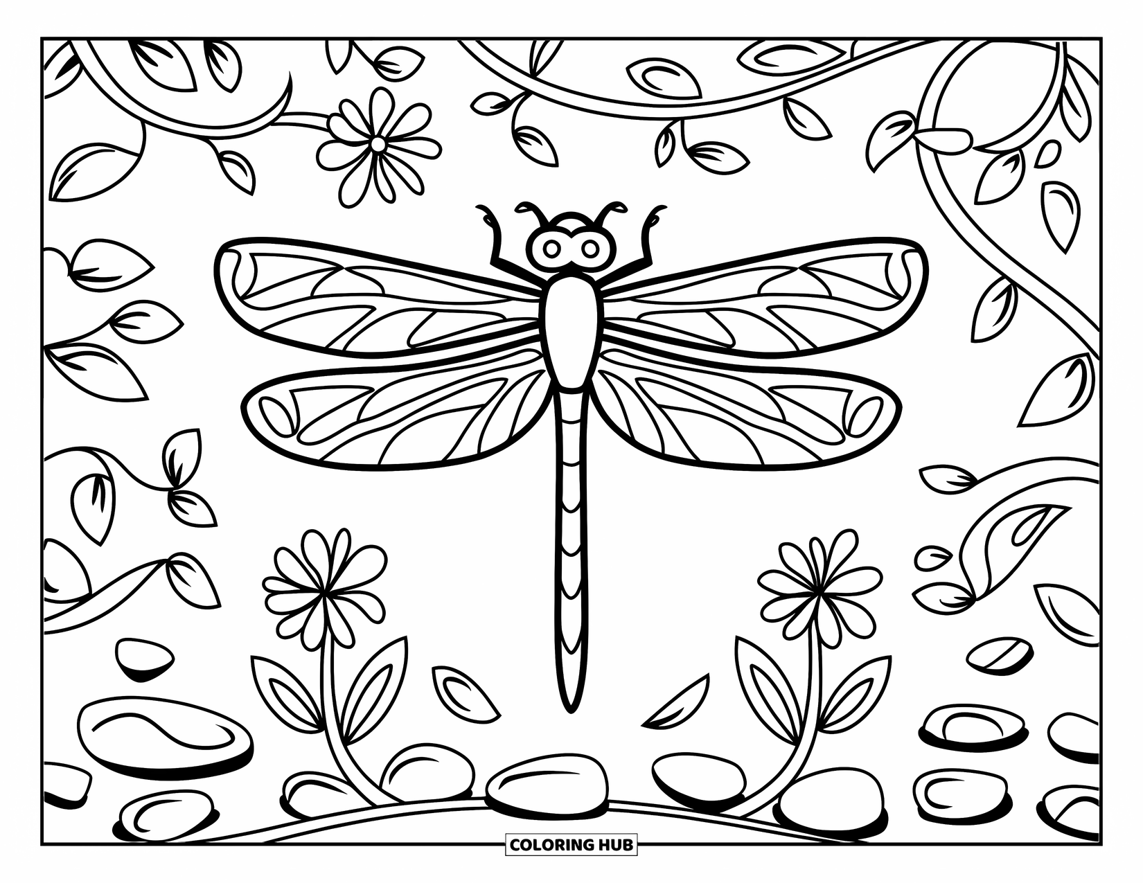 Dragonfly Coloring Page for Kids: A cheerful dragonfly floats in a floral frame filled with vines and stones