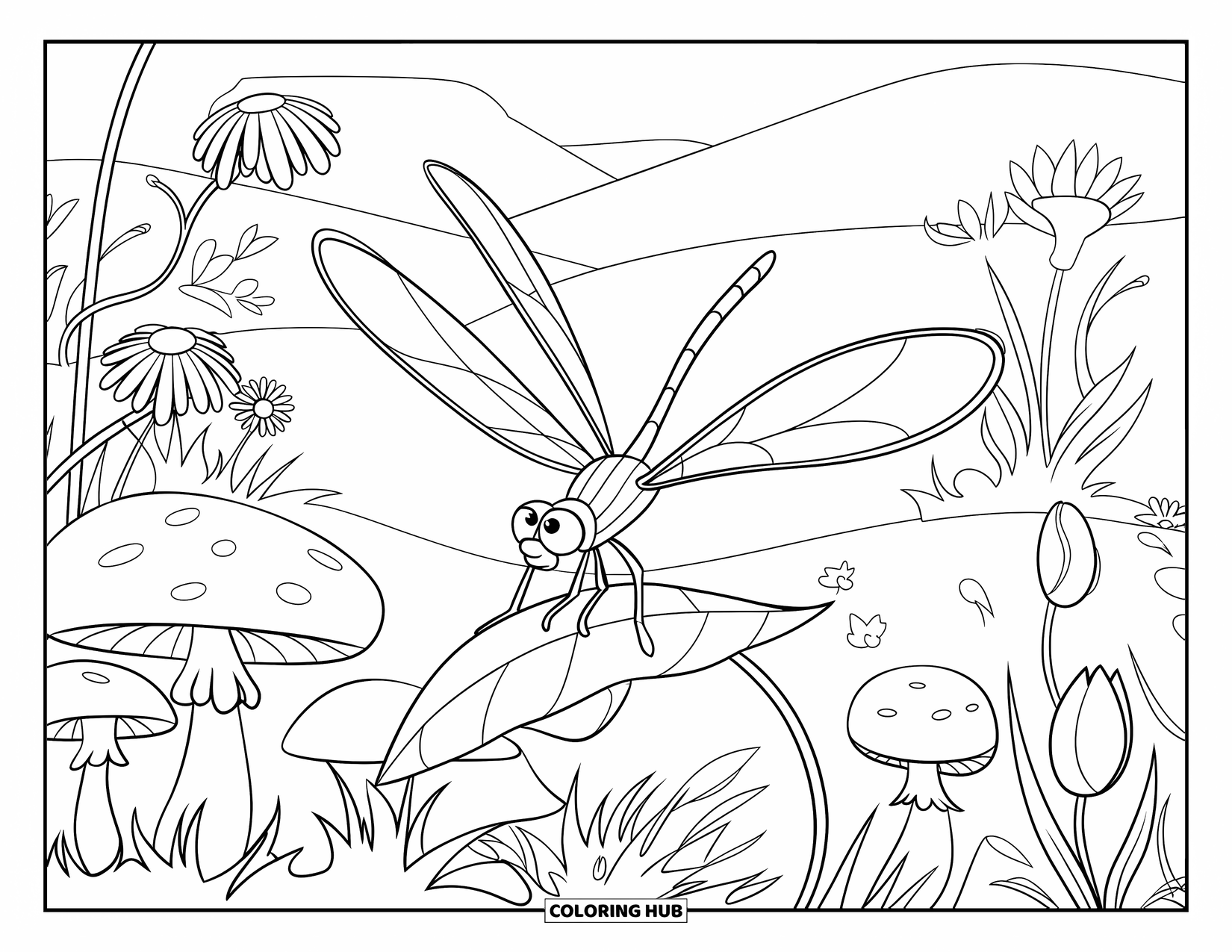 Dragonfly Coloring Page for Kids: A curious dragonfly explores a bright garden with tulips and daisies