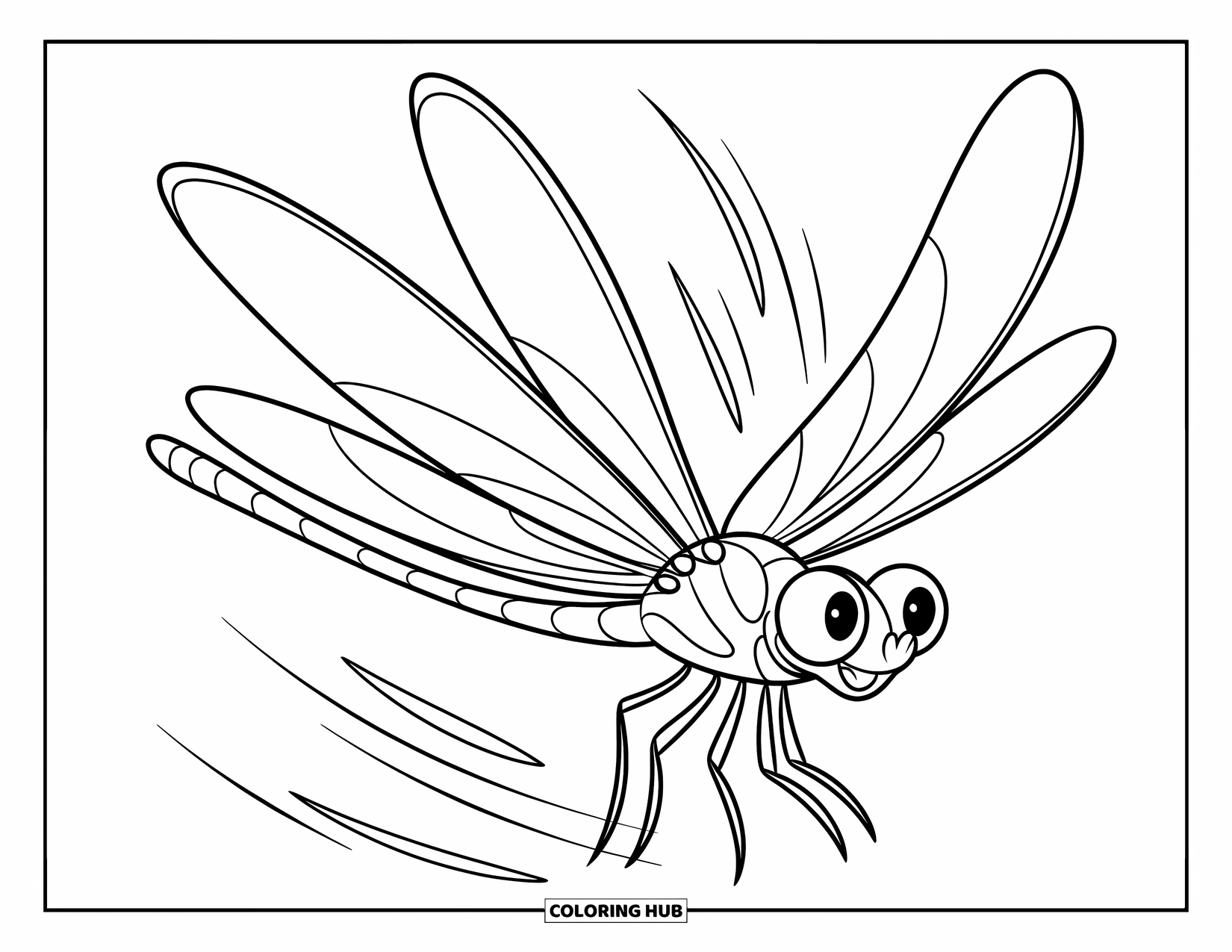 Dragonfly Coloring Page for Kids: A cute dragonfly with long legs swirls through the air on a white background