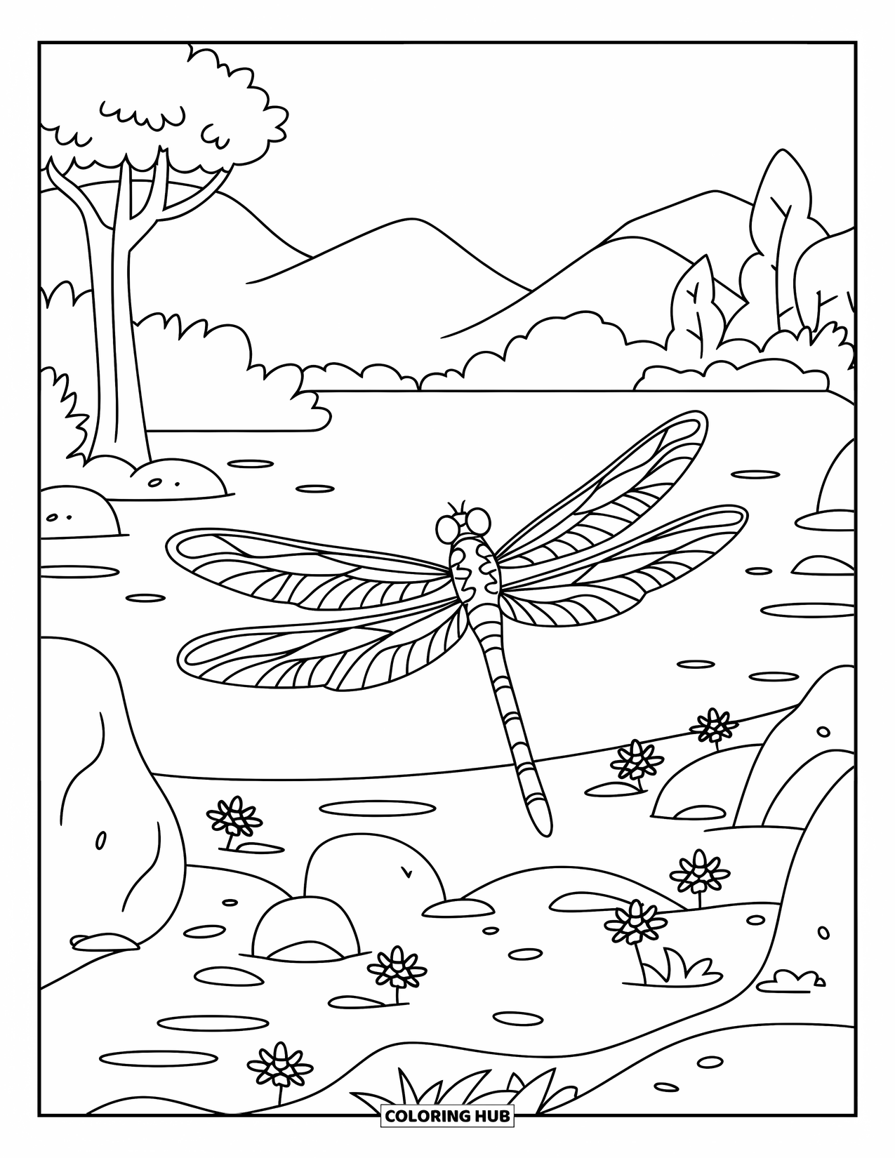 Dragonfly Coloring Page for Kids: A dragonfly hovers above blooming plants in a quiet rock garden