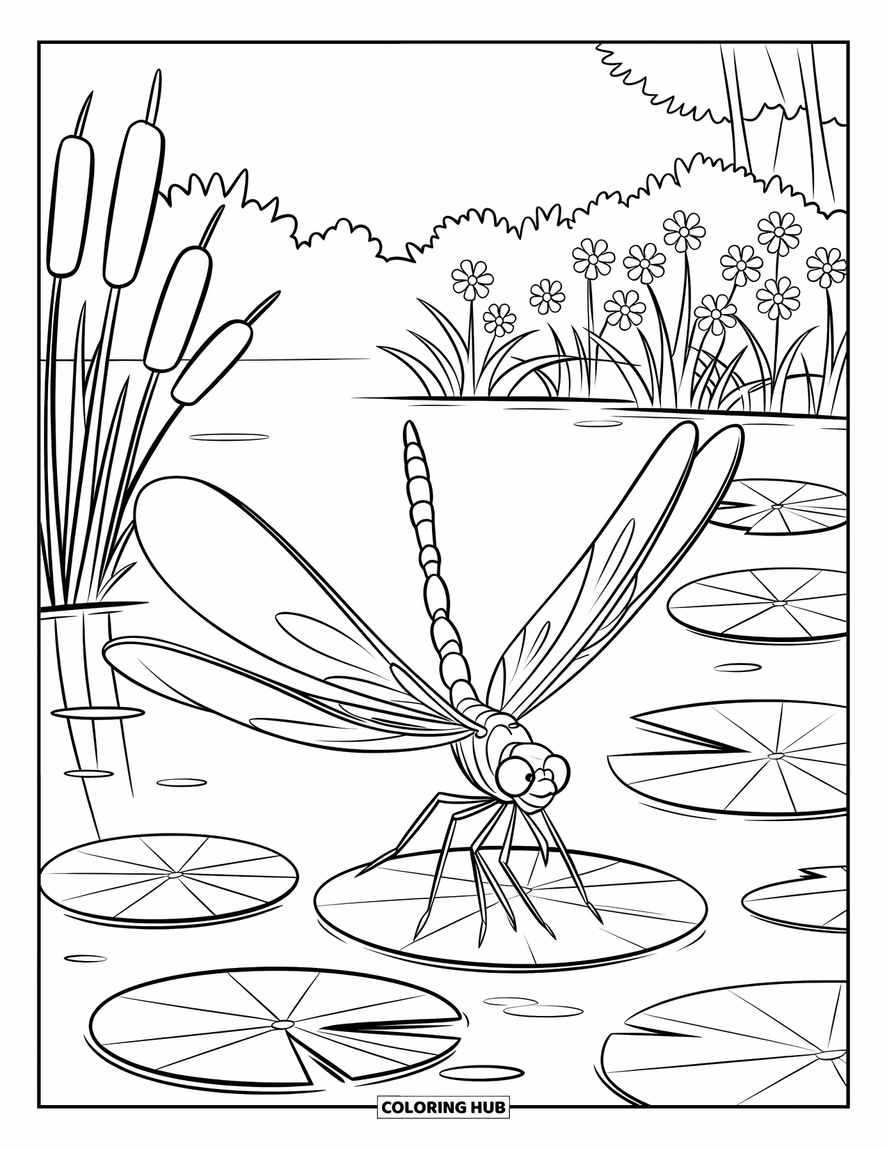 Dragonfly Coloring Page for Kids: A dragonfly perches above a peaceful pond surrounded by cattails and flowers