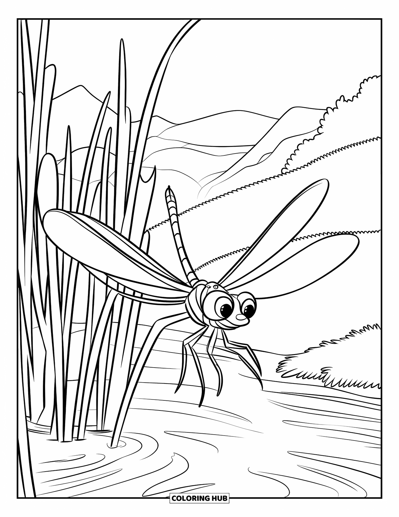 Dragonfly Coloring Page for Kids: A dragonfly perches on a reed near a quiet stream and tall trees