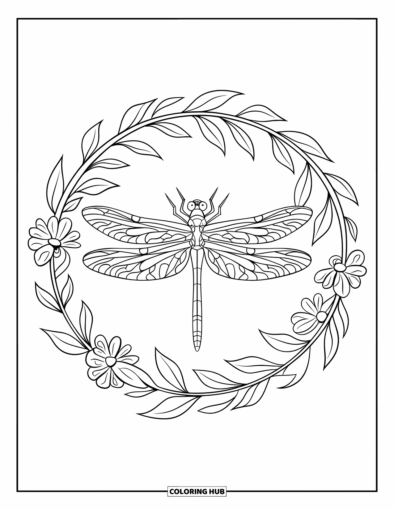 Dragonfly Coloring Page for Kids: A dragonfly spreads its wings inside a floral and leafy wreath