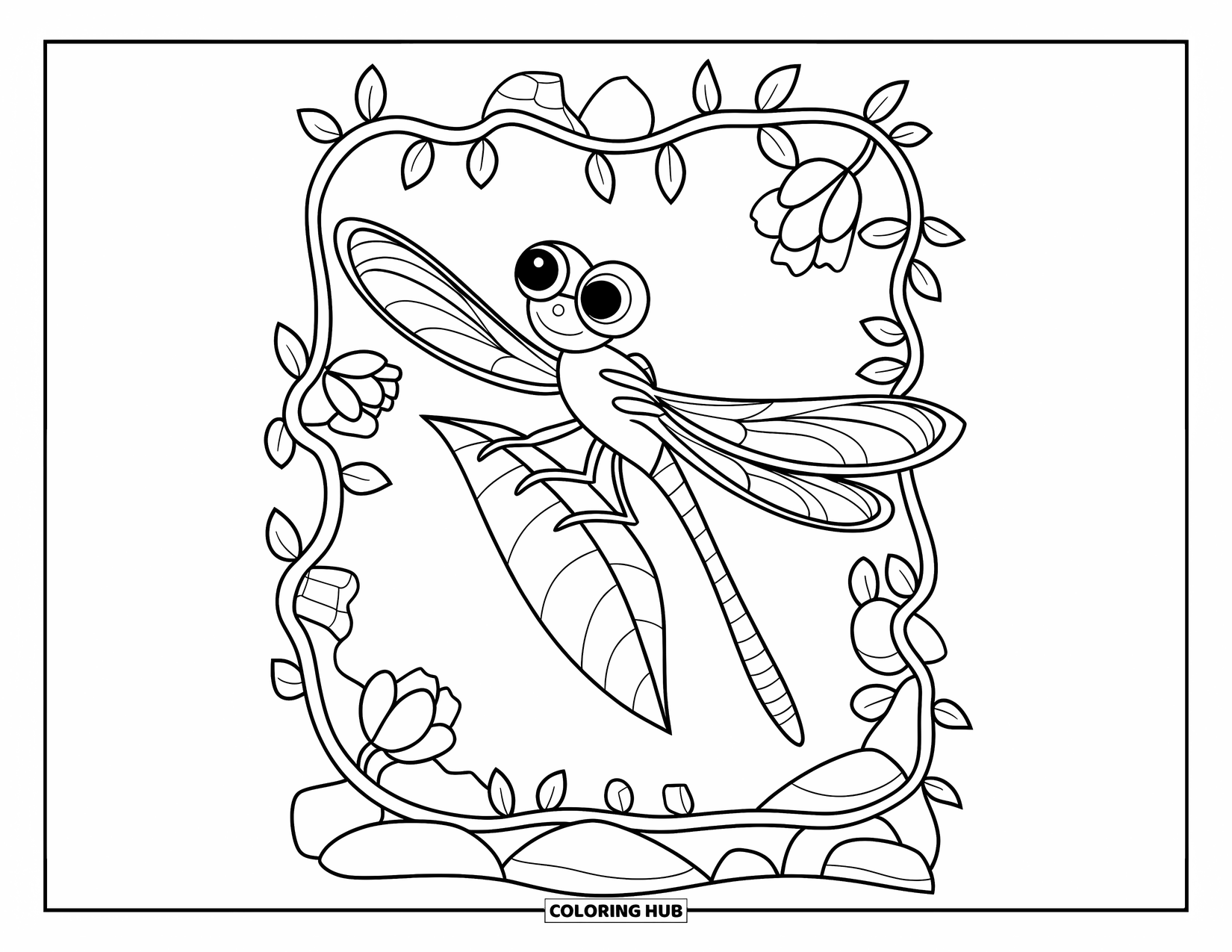 Dragonfly Coloring Page for Kids: A dragonfly with big eyes perches on a leaf surrounded by flowers and vines