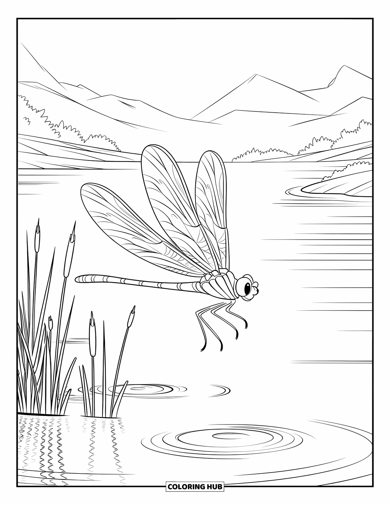 Dragonfly Coloring Page for Kids: A dragonfly with patterned wings floats above a peaceful lake and trees