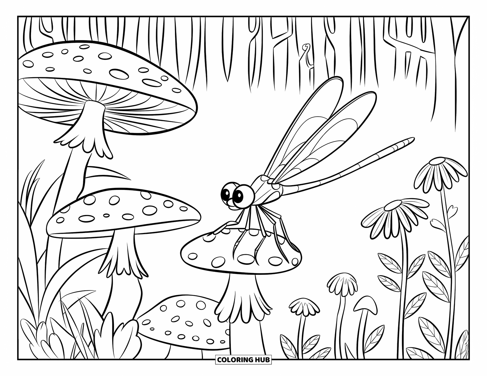 Dragonfly Coloring Page for Kids: A dragonfly with wide eyes explores a forest garden of mushrooms and flowers