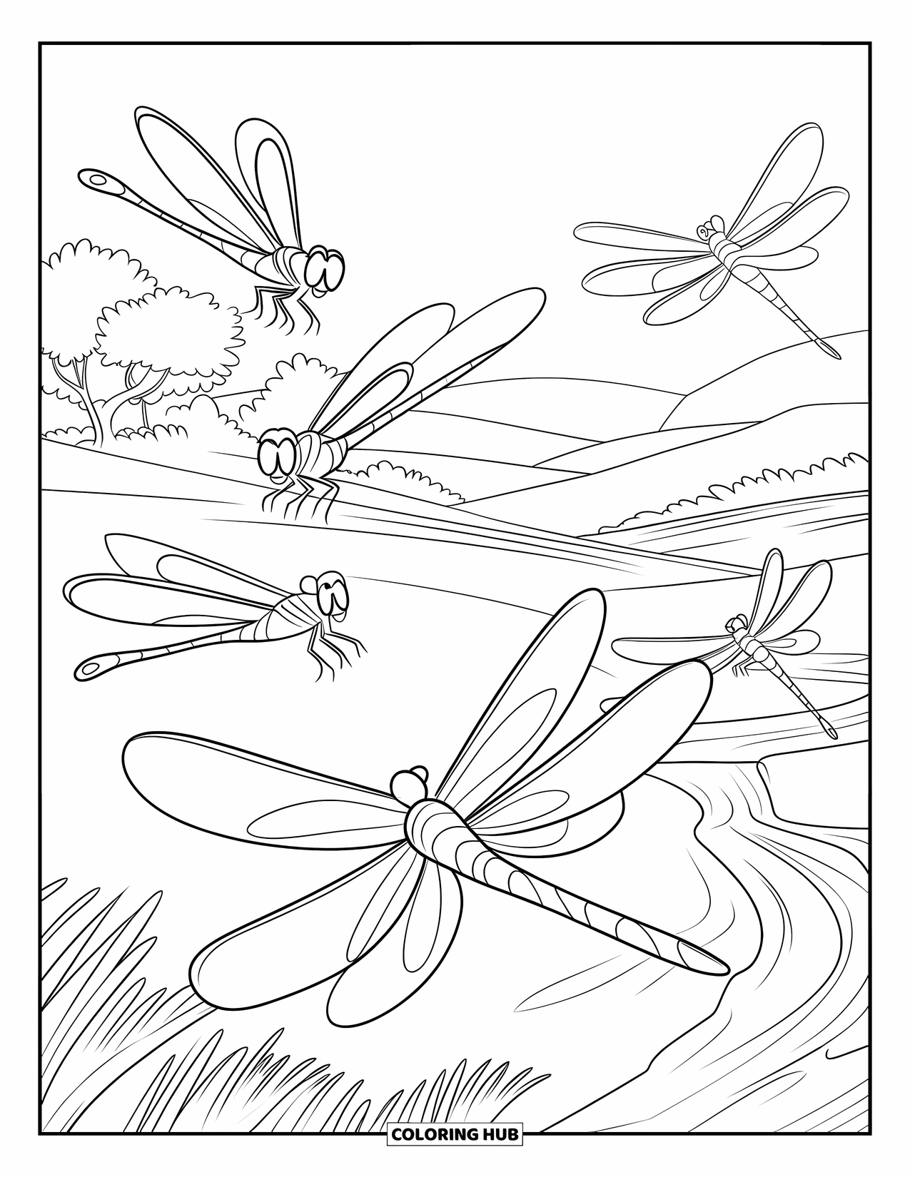 Dragonfly Coloring Page for Kids: A group of dragonflies soar over a lush green stream and distant hills