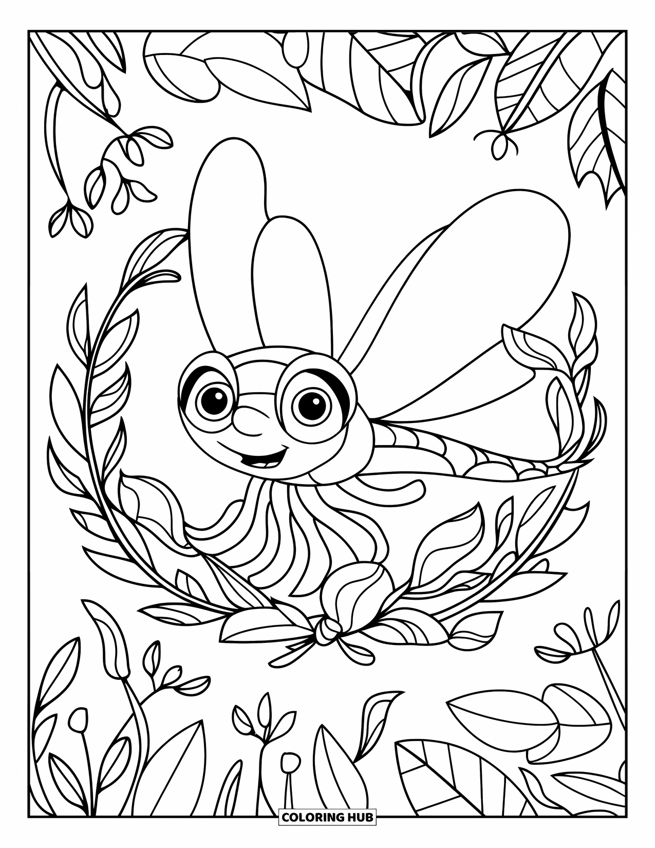 Dragonfly Coloring Page for Kids: A sweet dragonfly rests in a circular frame of flowers and scattered leaves
