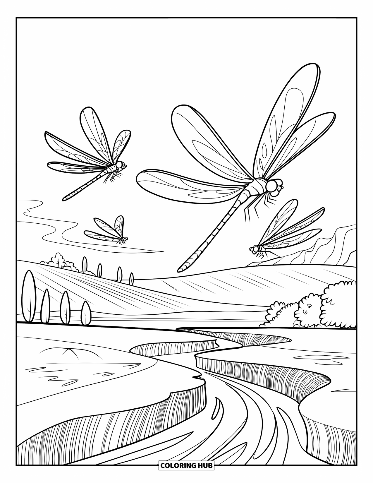 Dragonfly Coloring Page for Kids: Dragonflies move gracefully above trees and a stream on a peaceful hill