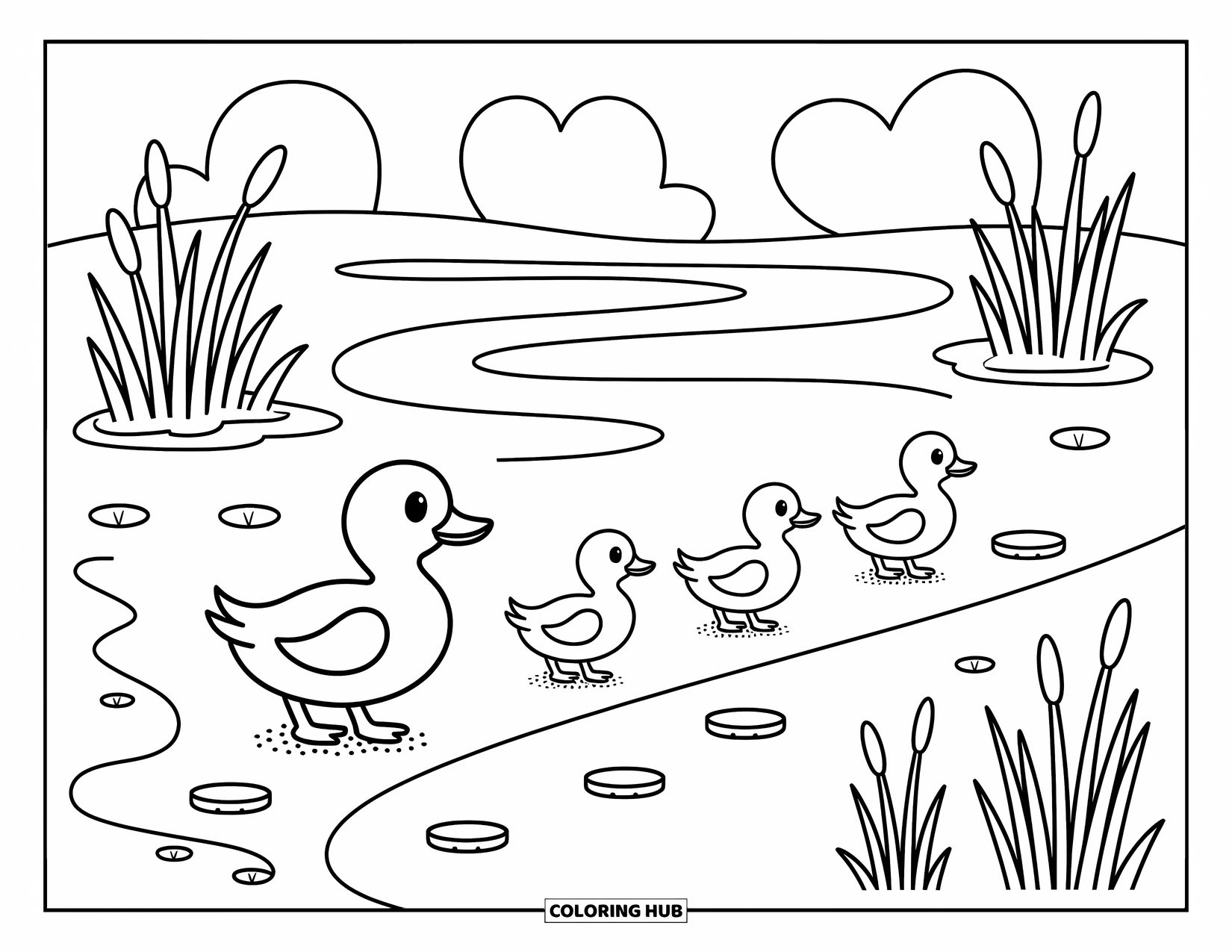Duckling Coloring Page for Adults: Duck family follows pond edge past reeds, cattails, and floating leaves