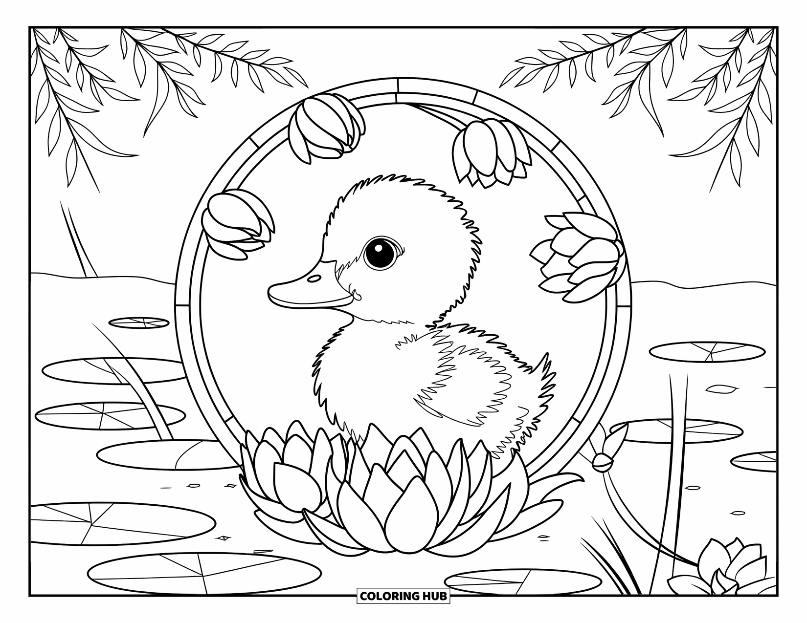 Duckling Coloring Page for Adults: Duckling by a pond inside a stained glass lotus frame