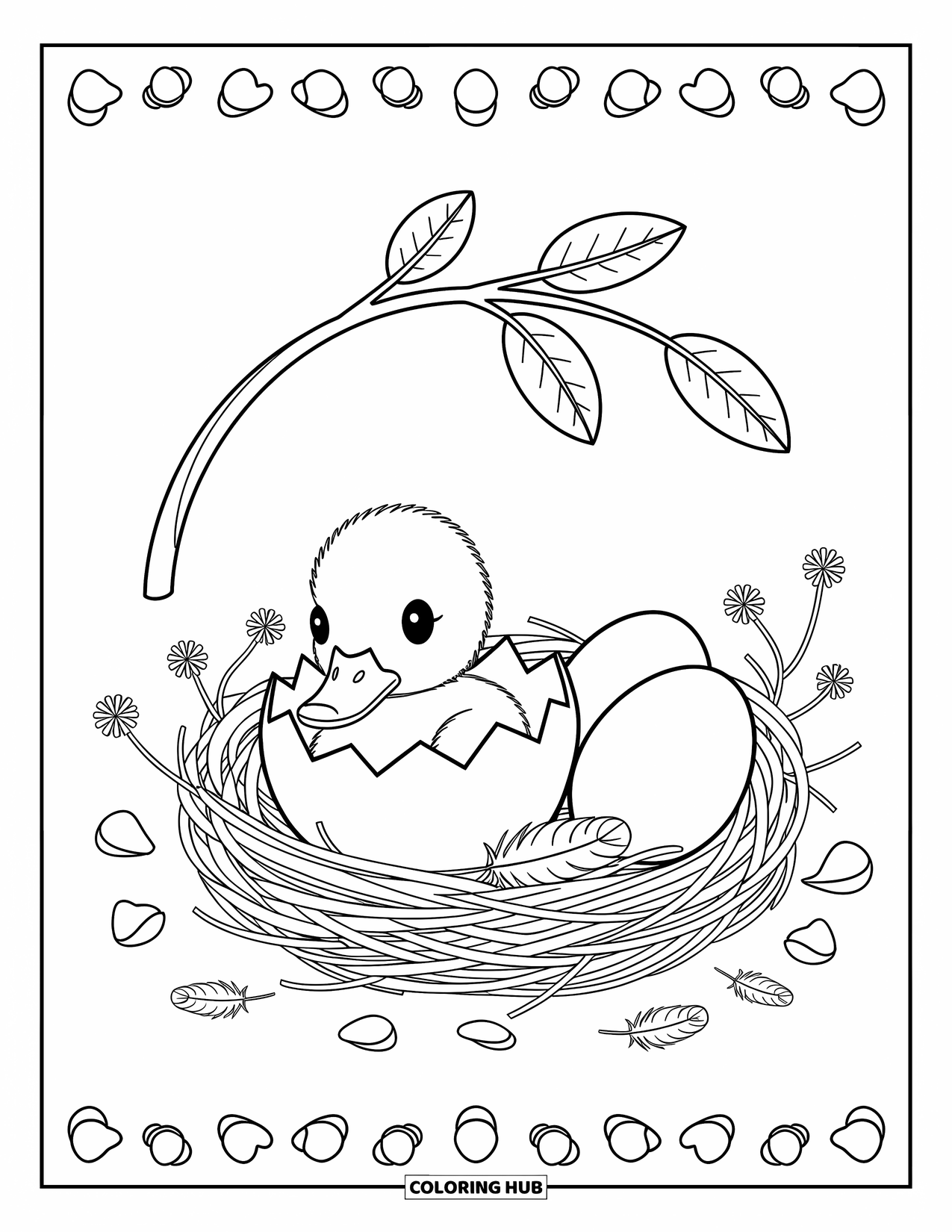 Duckling Coloring Page for Adults: Duckling hatches from an eggshell in a nest with flowers and feathers