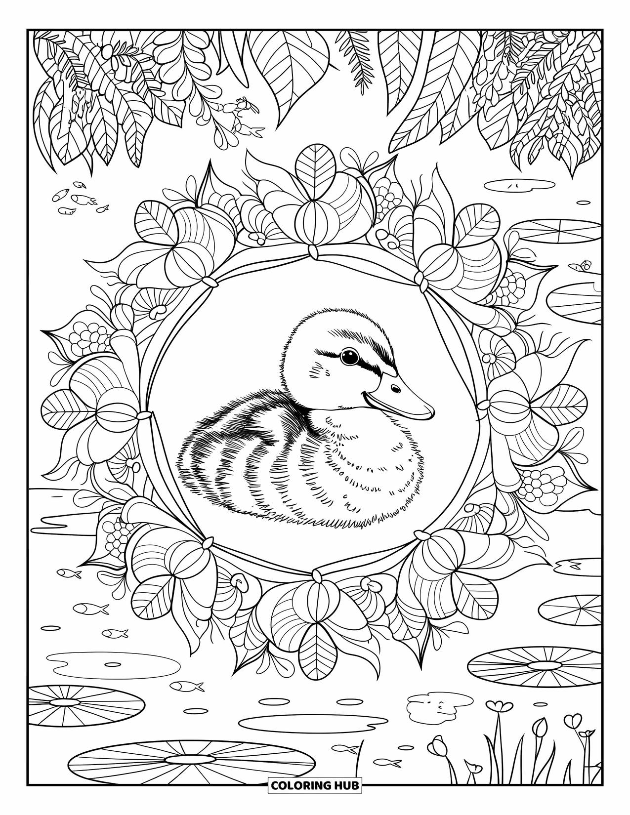 Duckling Coloring Page for Adults: Duckling in a botanical mandala with lily pads and fish
