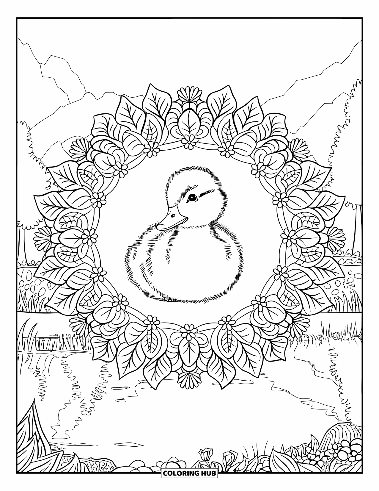 Duckling Coloring Page for Adults: Duckling in a botanical mandala with mountains and a calm lake