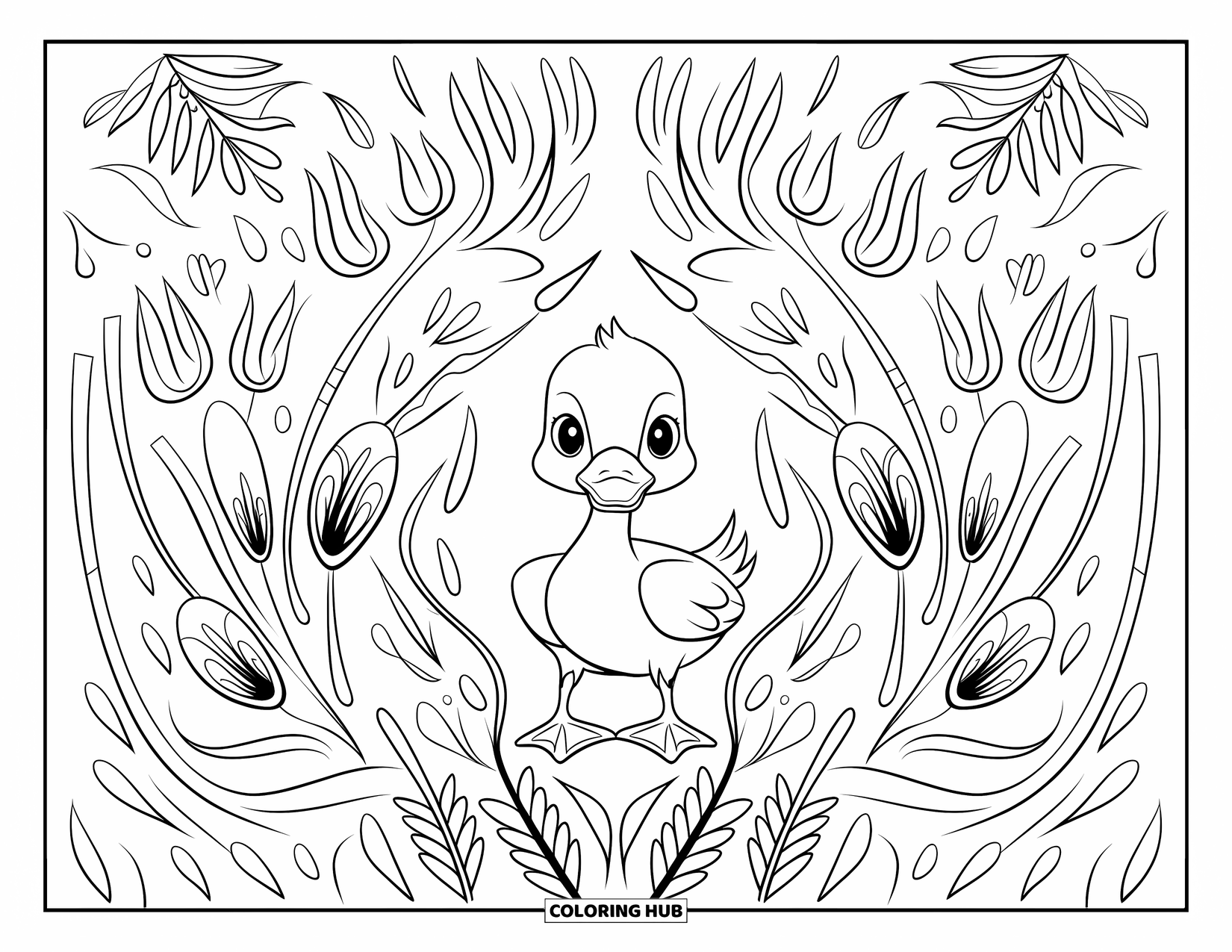 Duckling Coloring Page for Adults: Duckling in the center of a botanical design of reeds and wildflowers