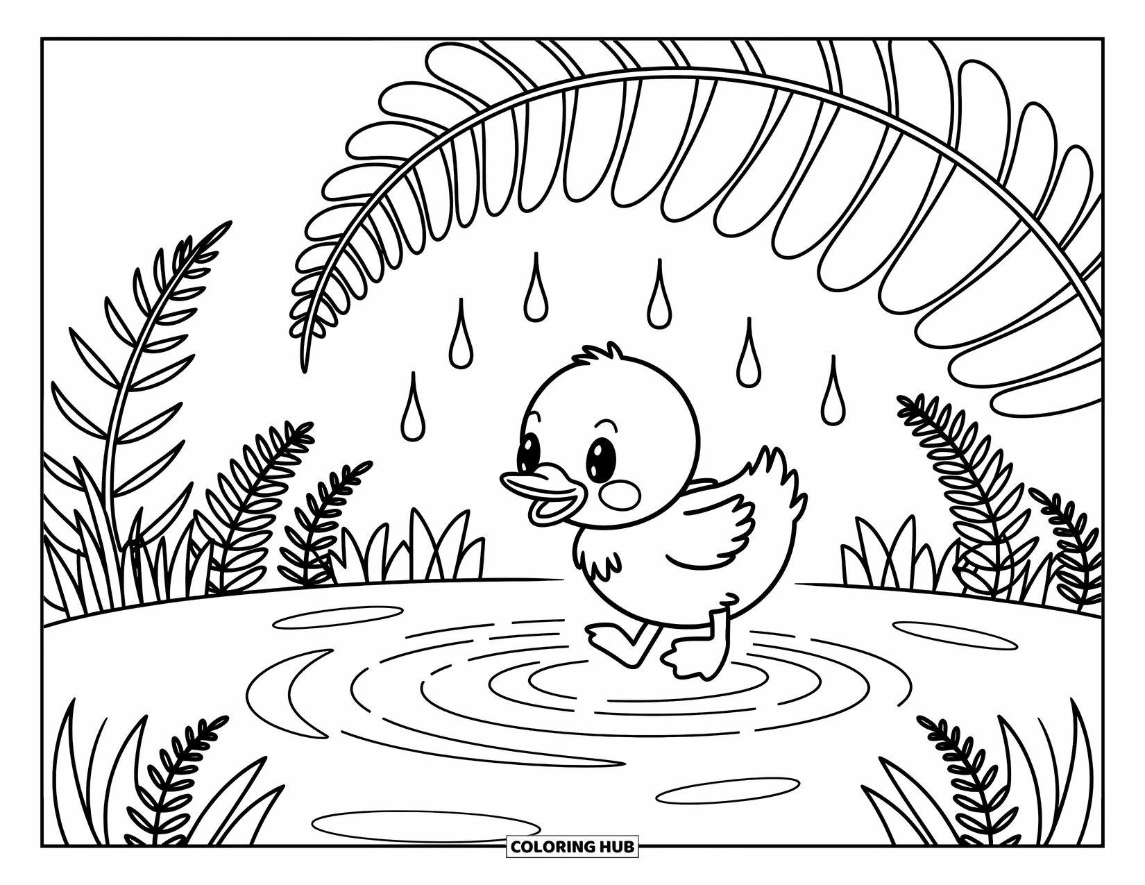 Duckling Coloring Page for Adults: Duckling jumps into a puddle with ripples under a leaf and grassy tufts
