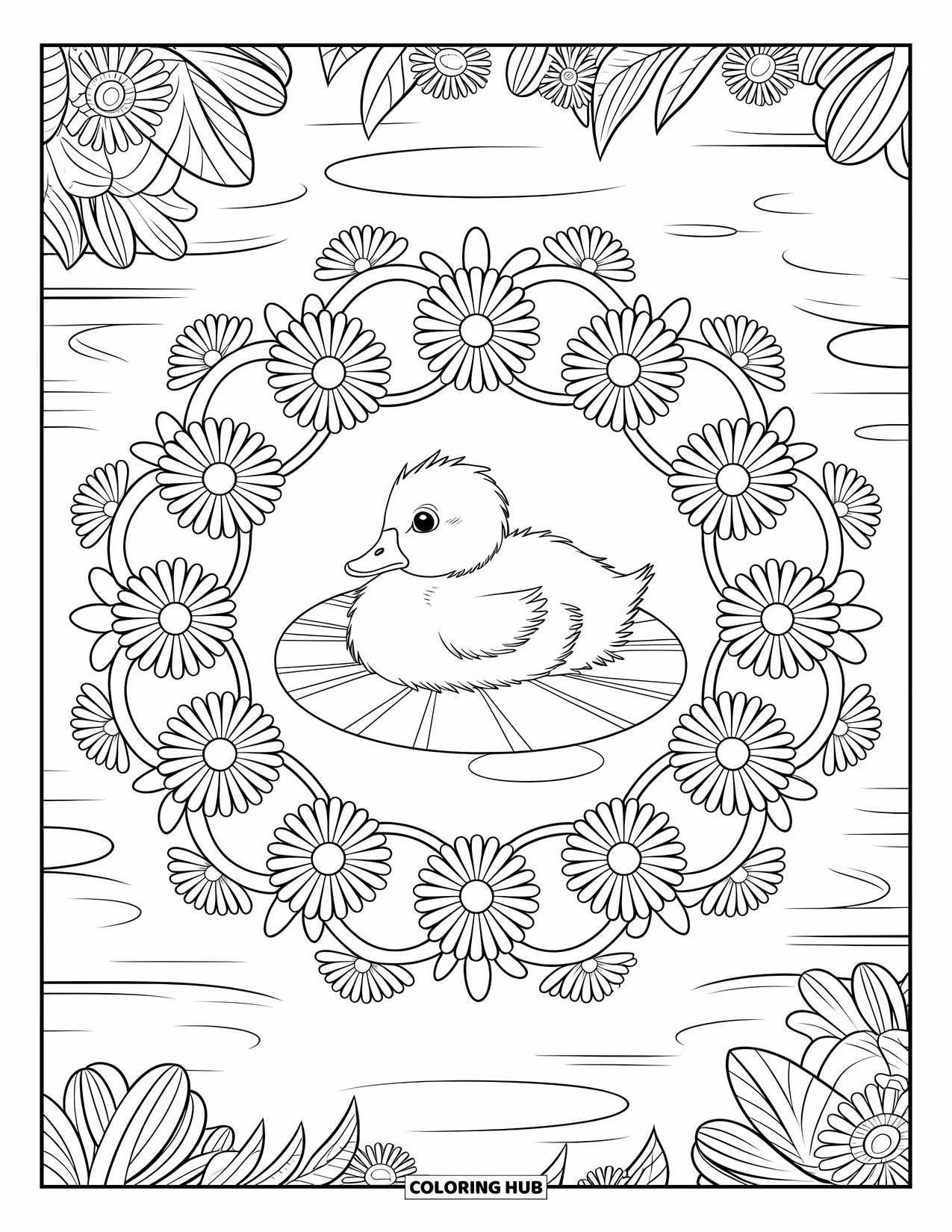 Duckling Coloring Page for Adults: Duckling on a lily pad inside a floral mandala of daisies and leaves
