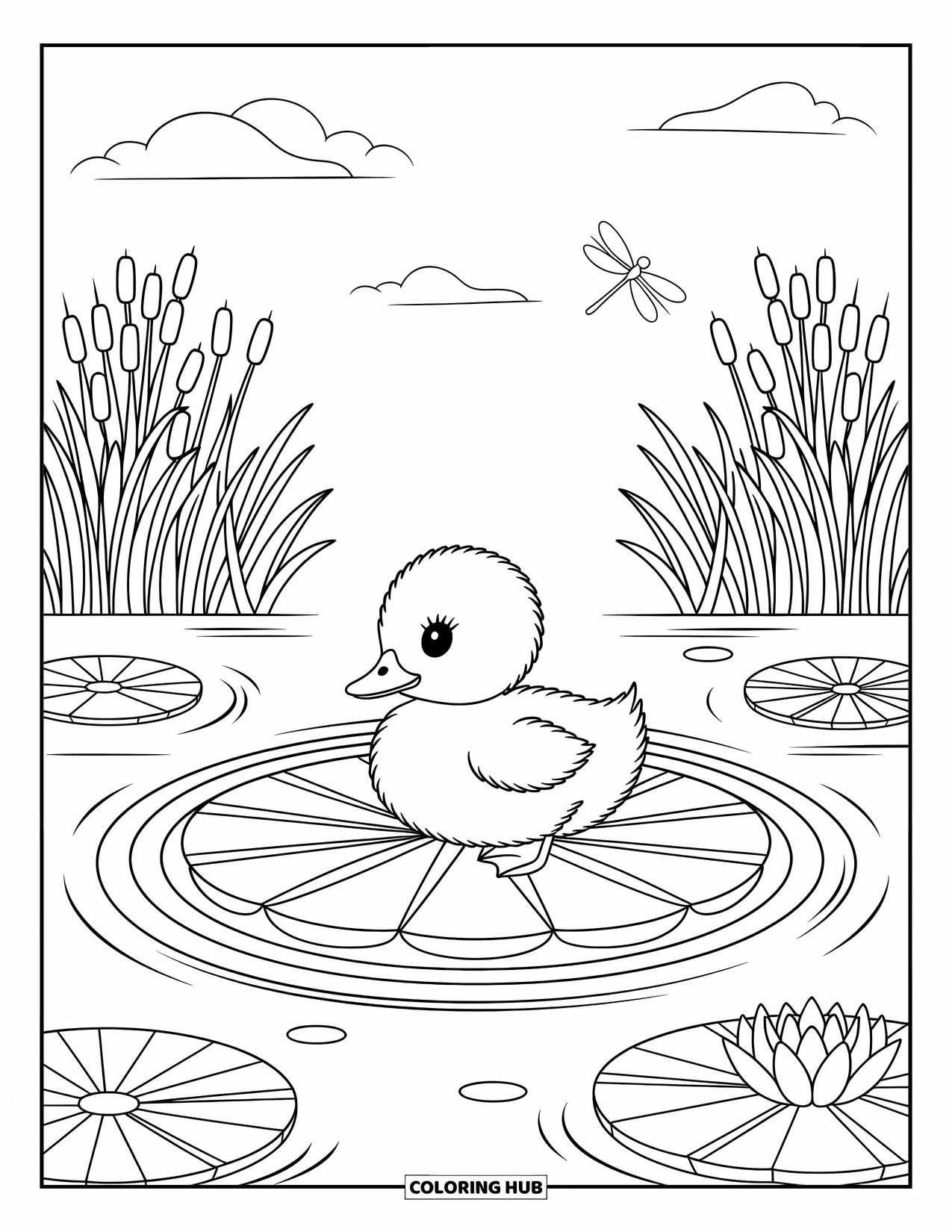 Duckling Coloring Page for Adults: Duckling on a lily pad with ripples, a waterlily, and a hovering dragonfly