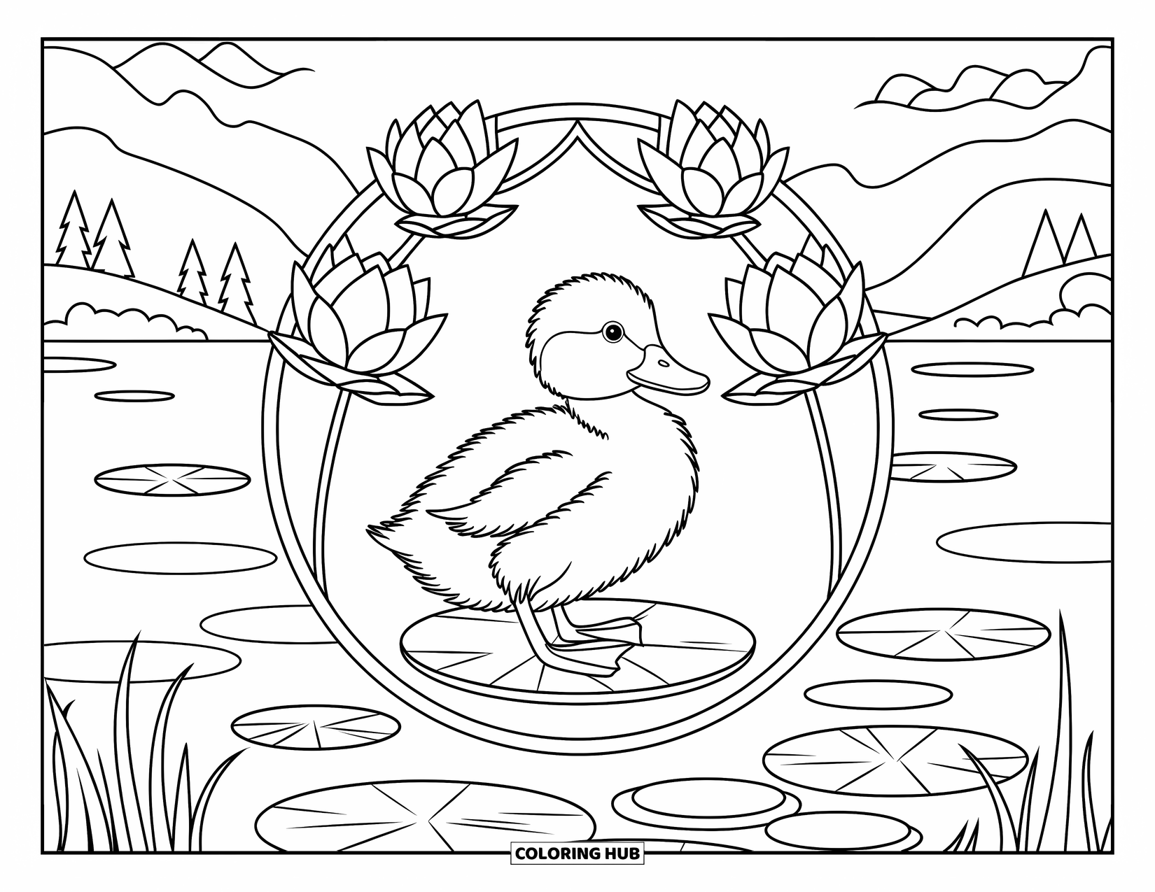 Duckling Coloring Page for Adults: Duckling on a lily pad within a stained glass lotus frame