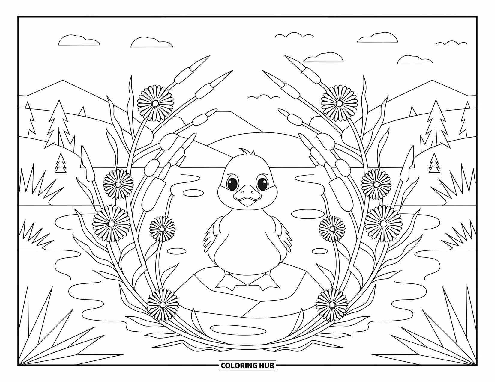 Duckling Coloring Page for Adults: Duckling on a rock in a pond framed by reeds and wildflowers