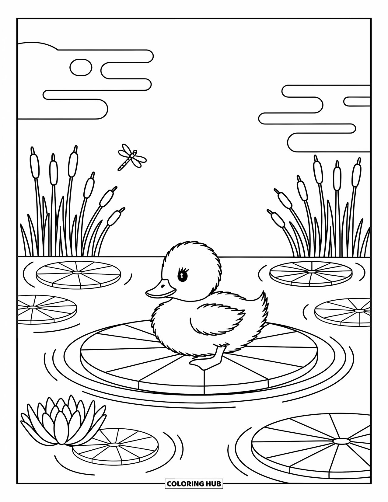 Duckling Coloring Page for Adults: Duckling sits on a lily pad surrounded by ripples, reeds, and a dragonfly