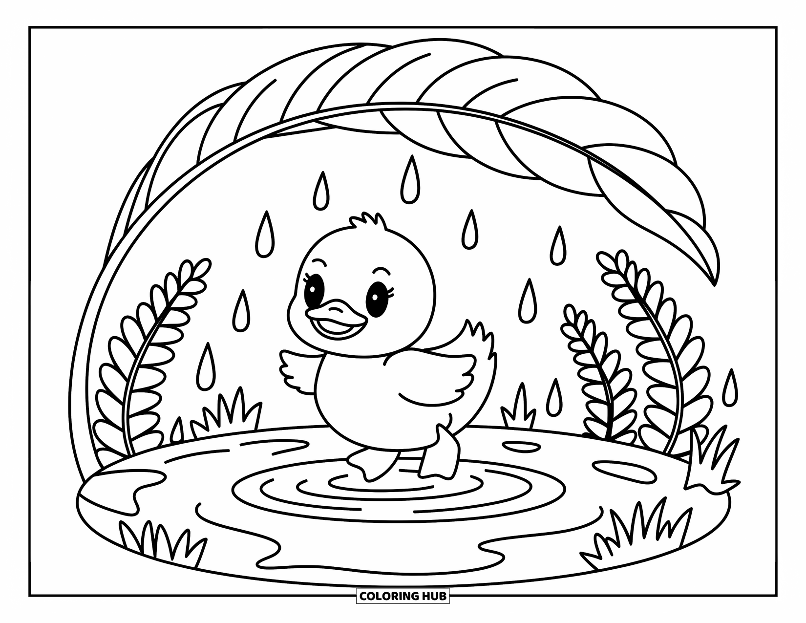 Duckling Coloring Page for Adults: Duckling splashes in a puddle beneath a leaf, surrounded by ferns and grass