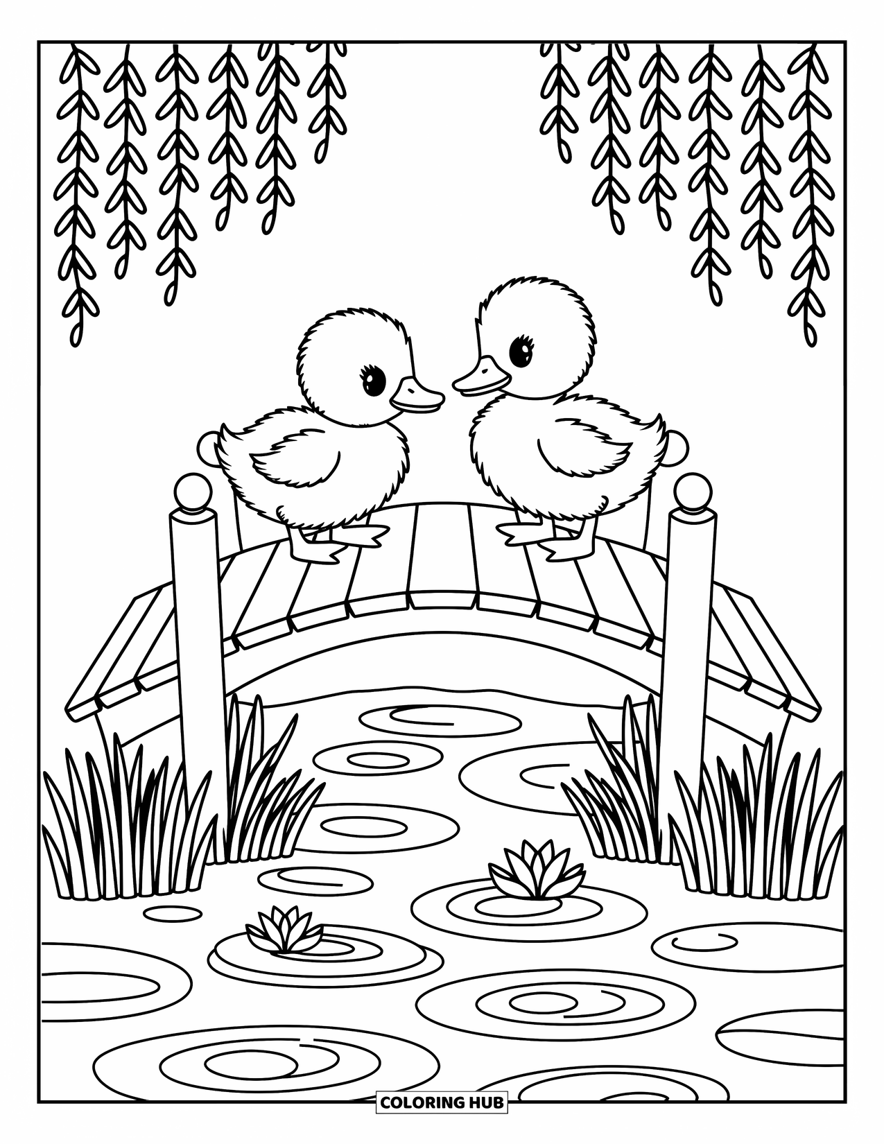 Duckling Coloring Page for Adults: Ducklings walk over a small bridge above rippling water and lily pads
