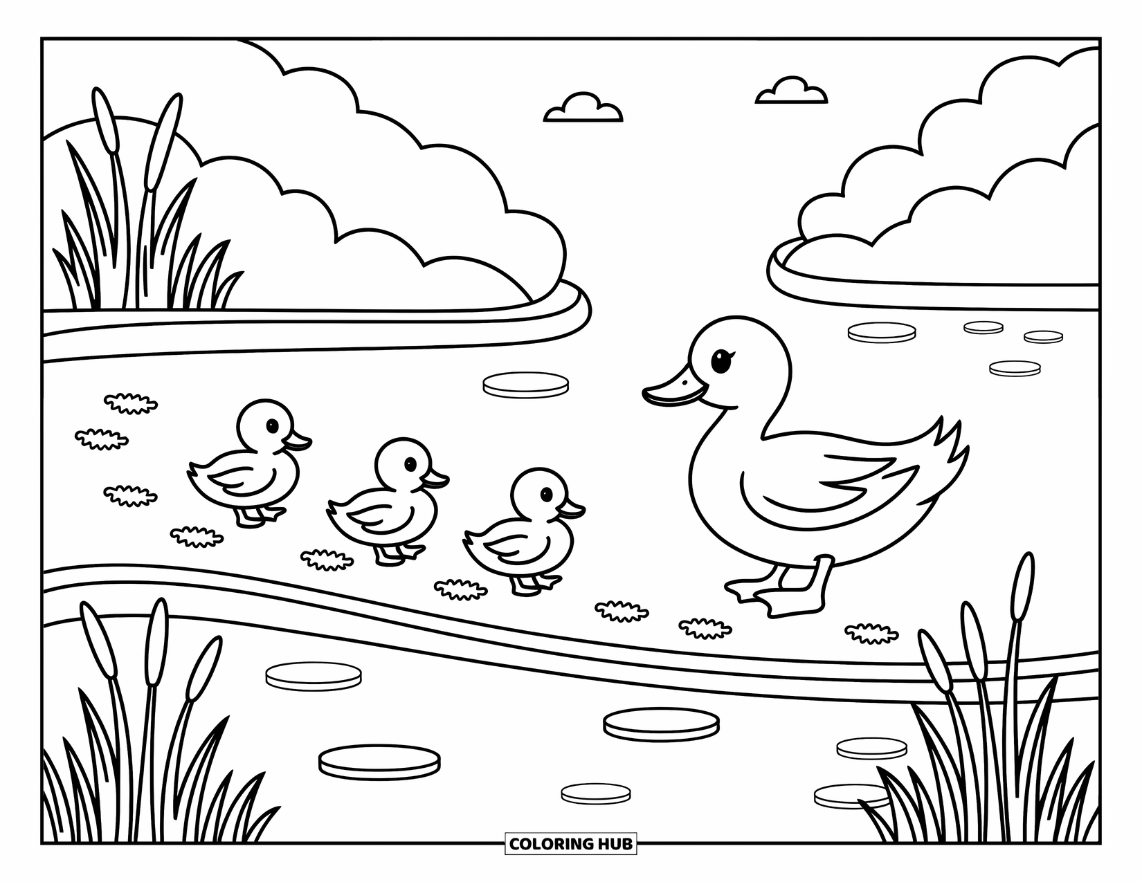 Duckling Coloring Page for Adults: Mother duck with ducklings walks beside calm water framed by reeds and trees
