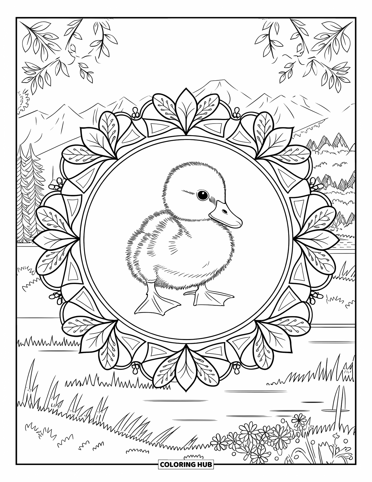 Duckling Coloring Page for Adults: Realistic duckling inside a botanical mandala with nature scenery