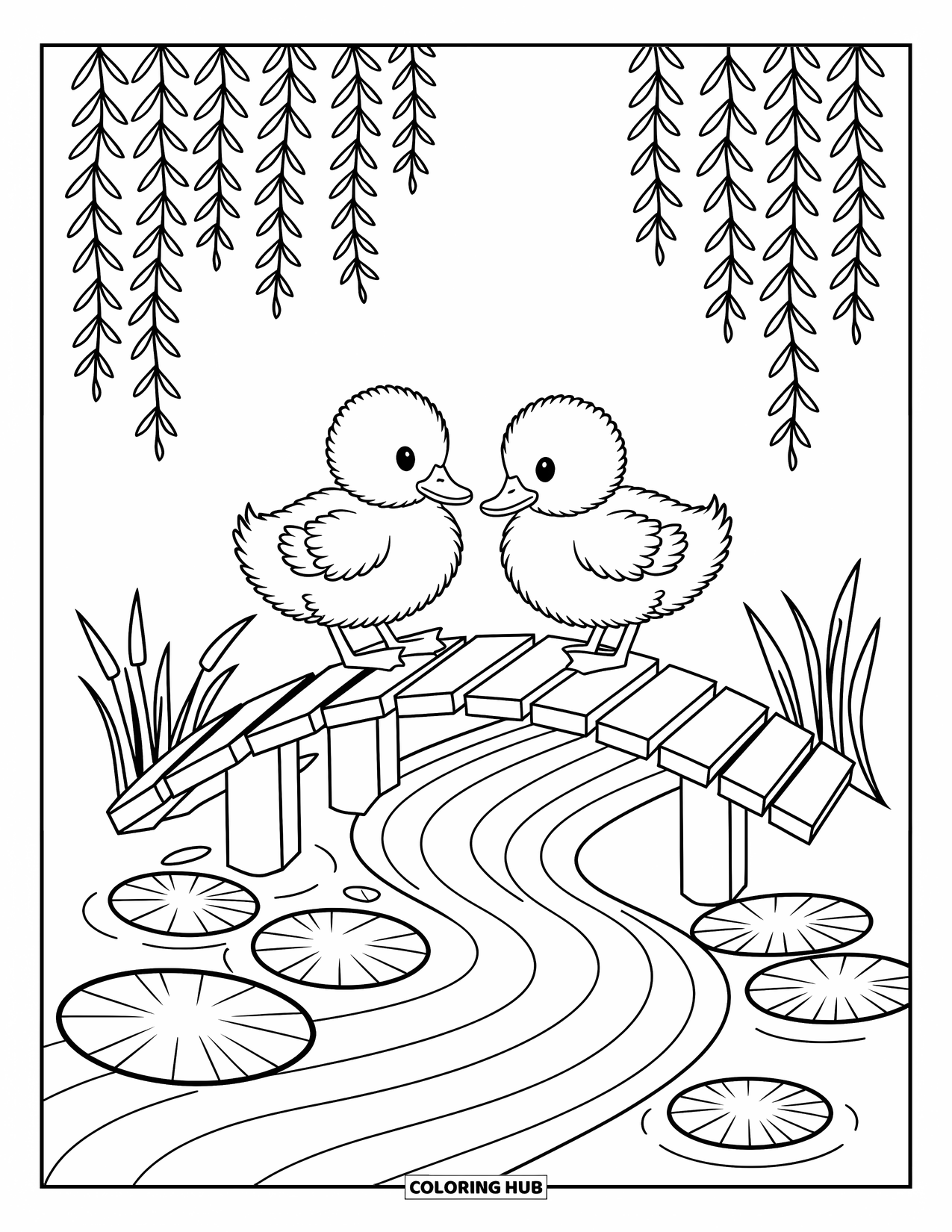 Duckling Coloring Page for Adults: Two ducklings waddle over a bridge framed by reeds and willow branches