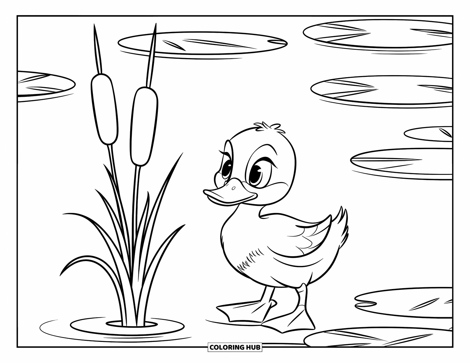 Duckling Coloring Page for Kids: Duckling by a cattail in a tranquil pond
