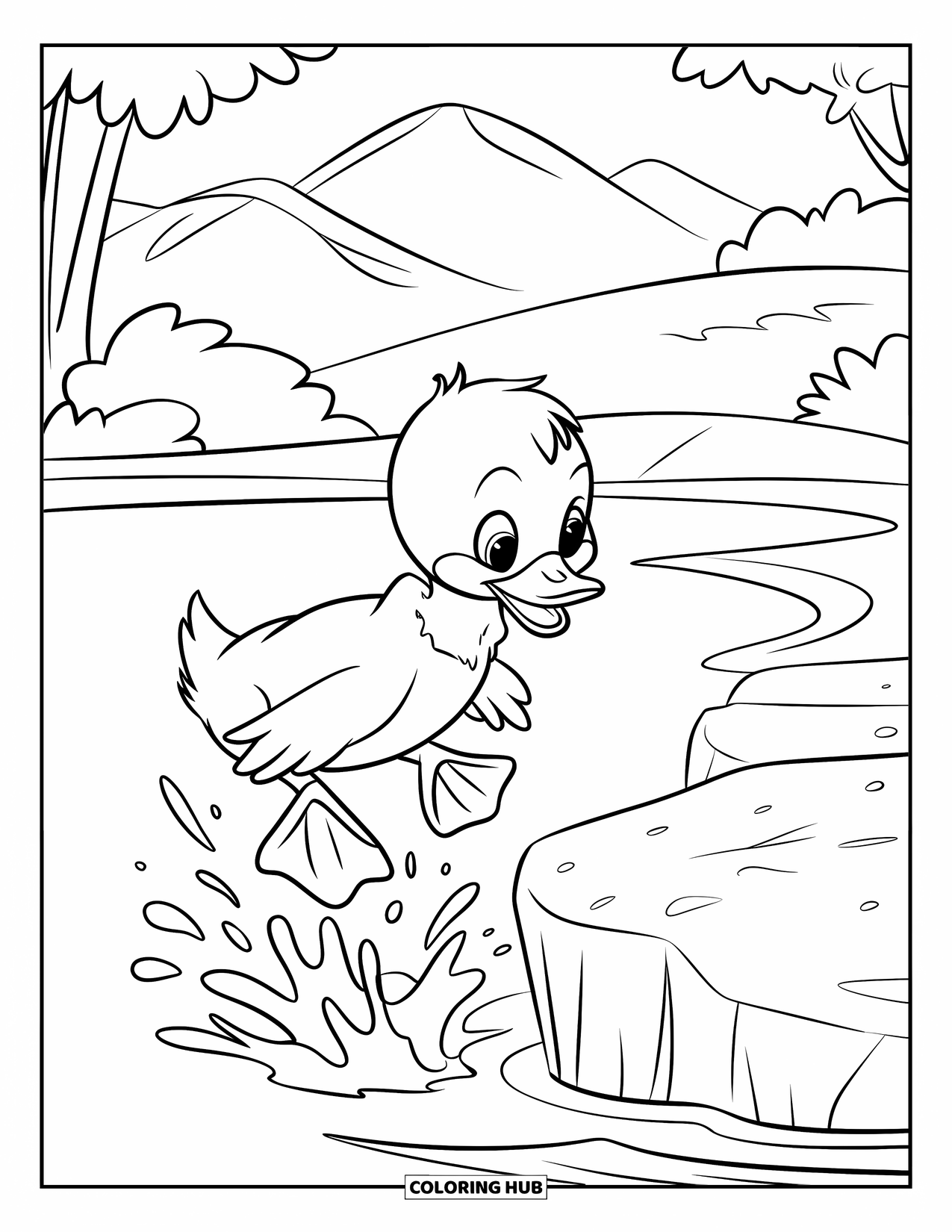 Duckling Coloring Page for Kids: Duckling hopping from a rock into a pond, splashing water below