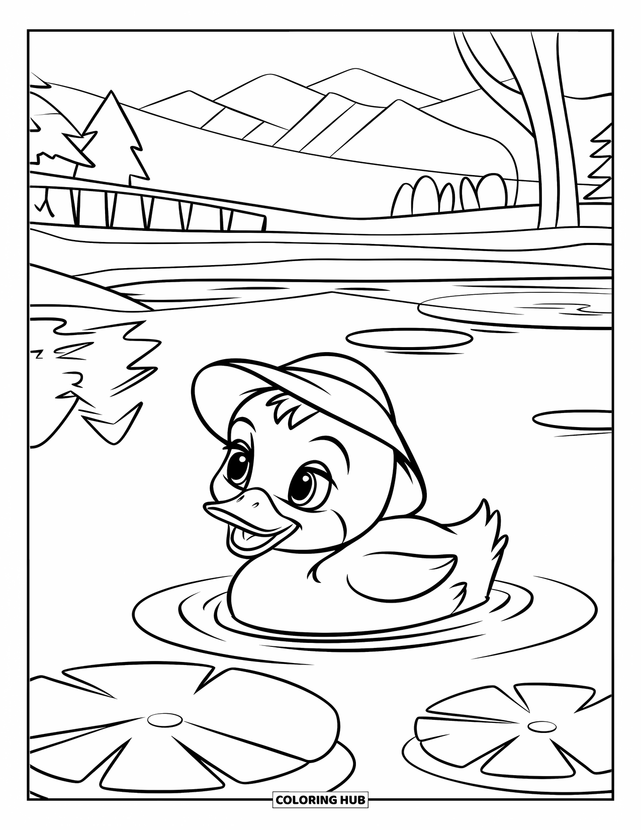 Duckling Coloring Page for Kids: Duckling in a hat swimming near lily pads in a quiet mountain lake