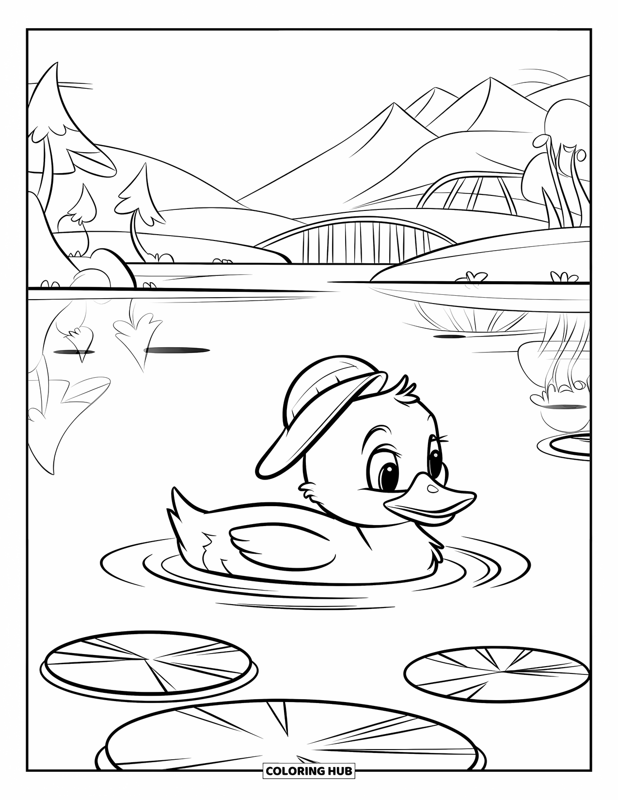 Duckling Coloring Page for Kids: Duckling in a hat swimming near lily pads with mountains and bridge