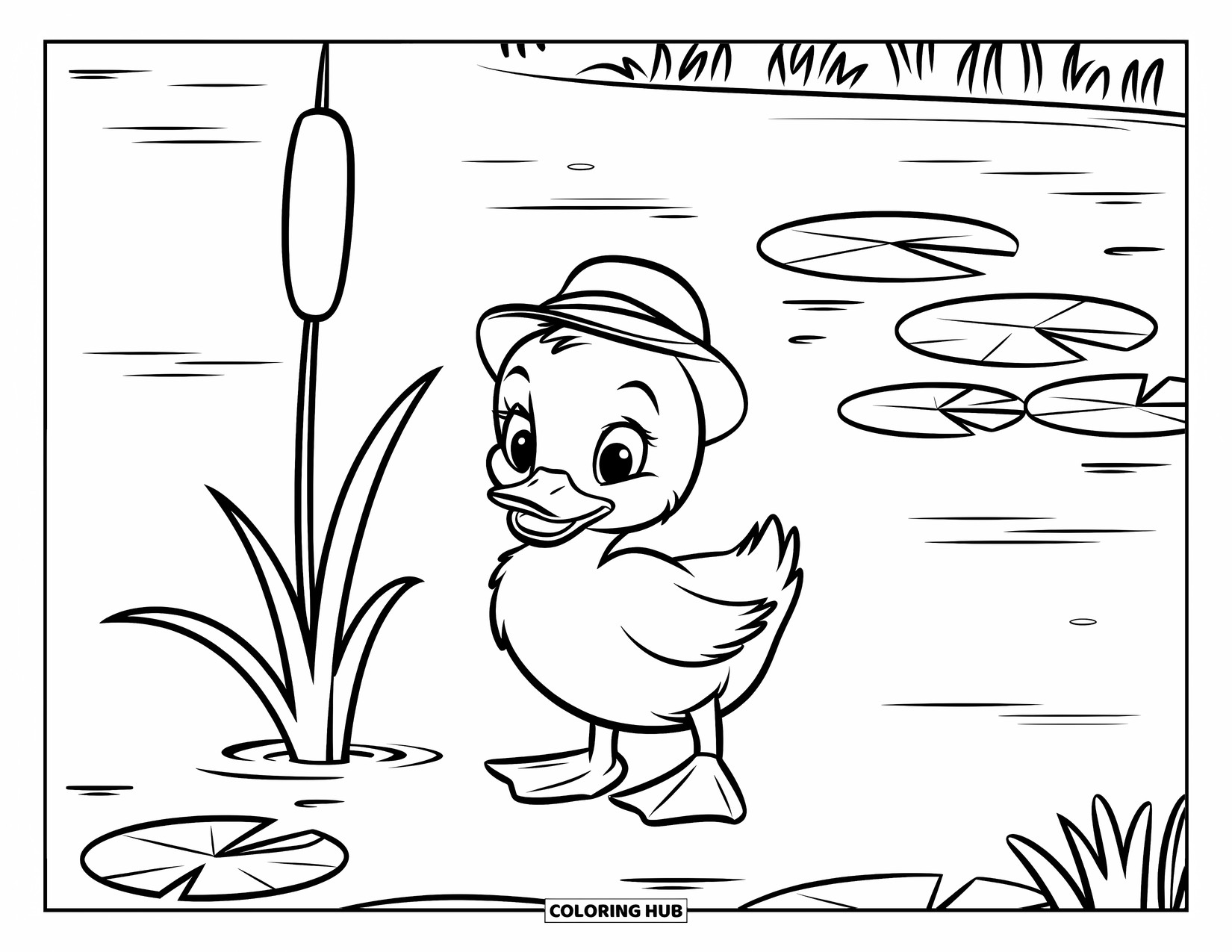 Duckling Coloring Page for Kids: Duckling in a small hat standing beside a single cattail