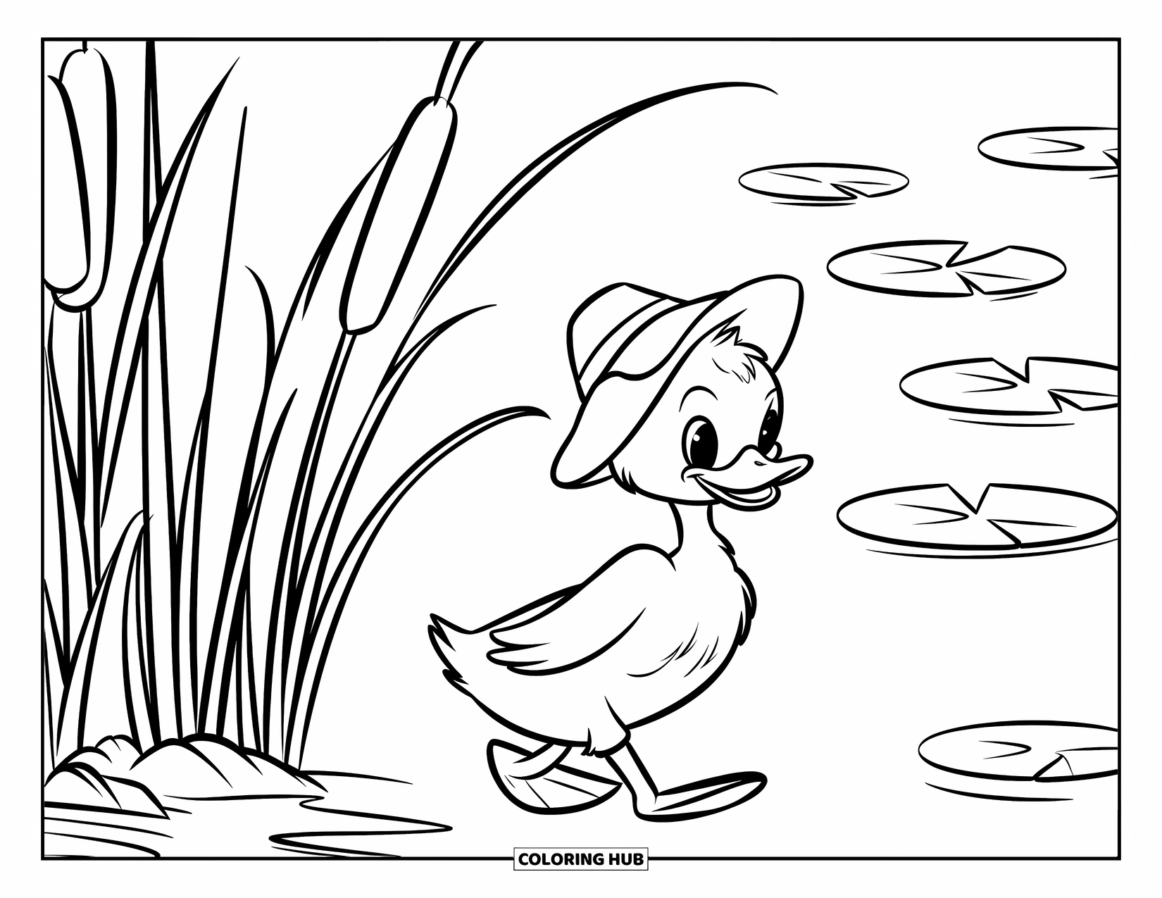 Duckling Coloring Page for Kids: Duckling in a small hat walking past cattails by a calm lake