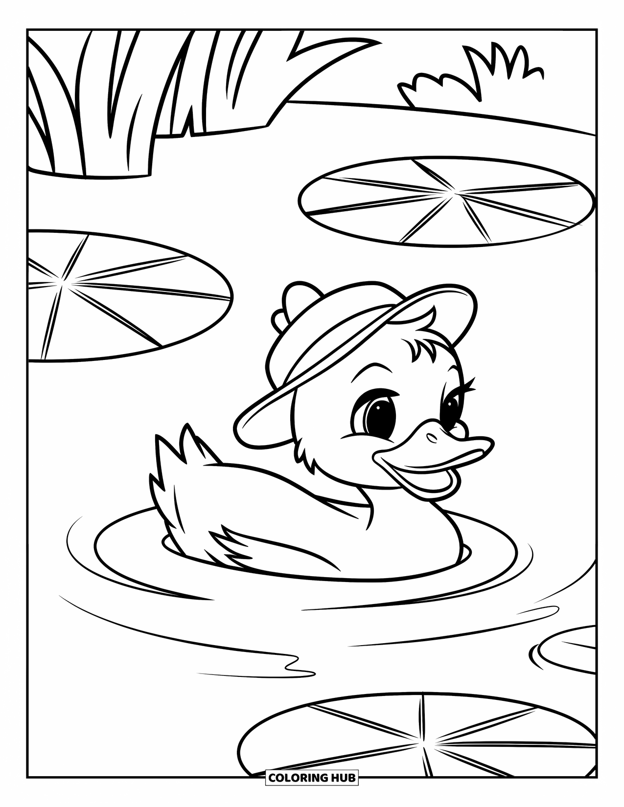 Duckling Coloring Page for Kids: Duckling in a tiny hat swimming with lily pads in calm water