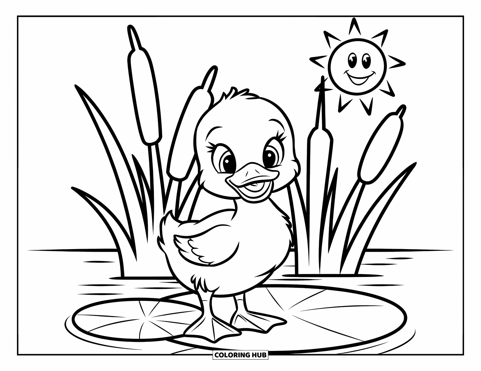 Duckling Coloring Page for Kids: Duckling on a lily pad with a smiling sun overhead