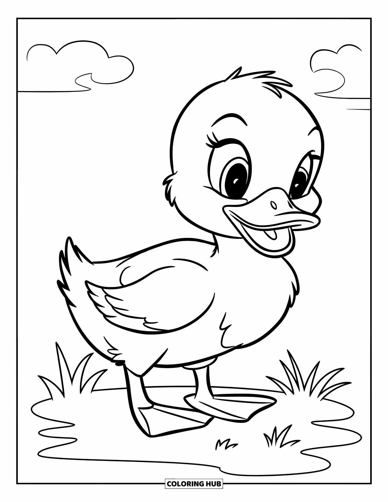Duckling Coloring Page for Kids: Duckling on grassy ground beneath a sunny, cloud-filled sky