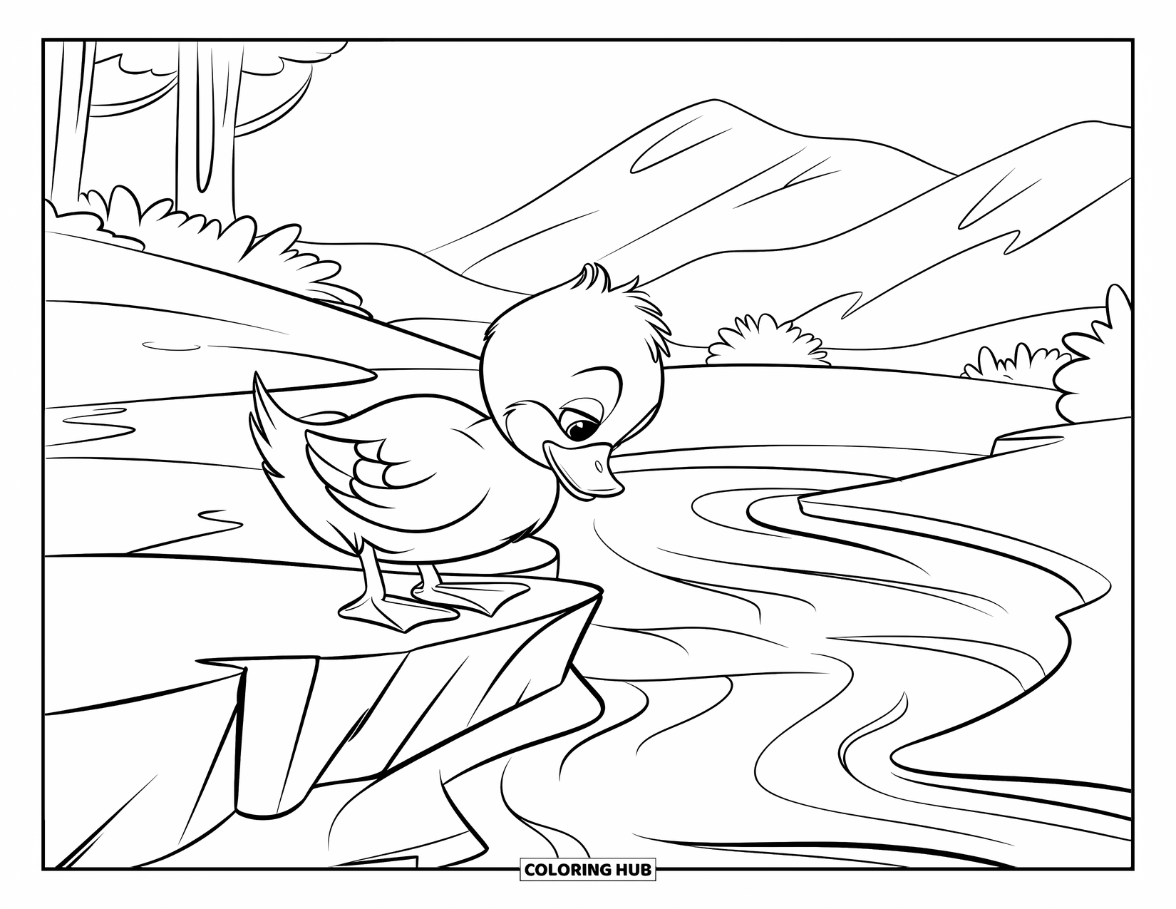 Duckling Coloring Page for Kids: Duckling perched on a rock above a creek with mountains and trees beyond