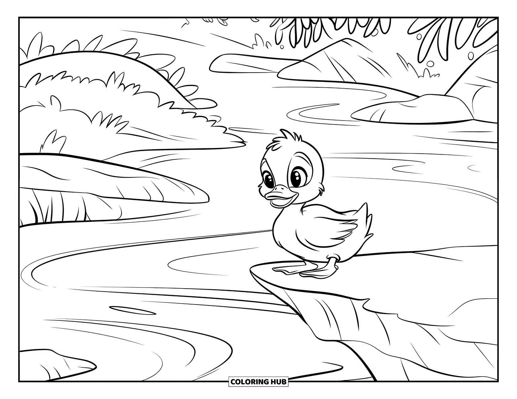 Duckling Coloring Page for Kids: Duckling perched on a rock above a gentle creek surrounded by greenery